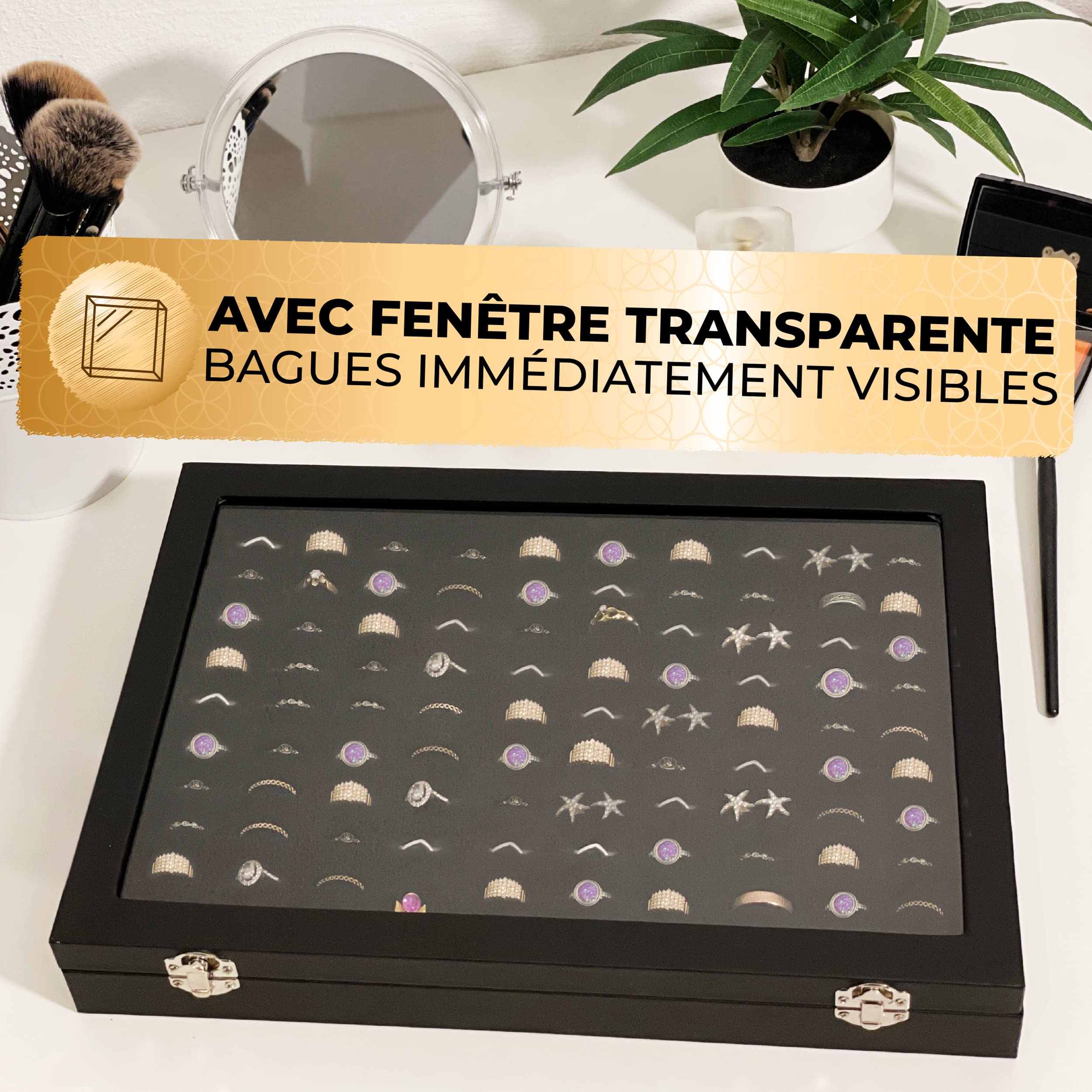Praknu Boîte pour 100 Bagues en Cuir - Avec Couvercle Transparent - Protection contre la Poussière et les Rayures - Gain de Place