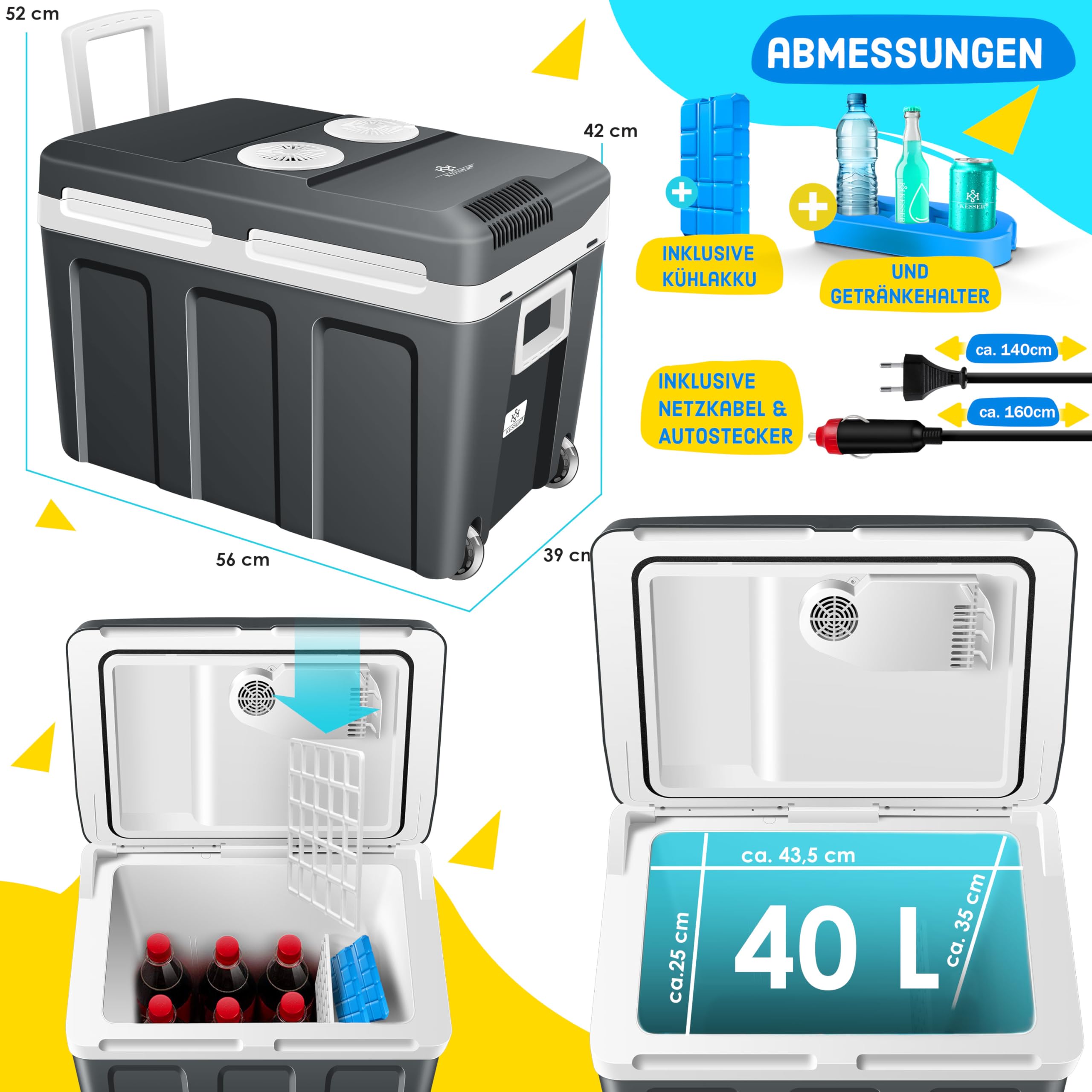 KESSER Kühlbox 40L mit Rollen Thermo-Elektrische Kühlbox 12V 230V ECO MAX Modus