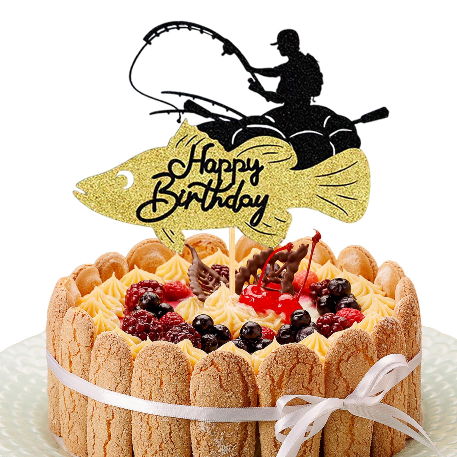 Silars Tortenaufleger Angler Cake Topper Fischer, 1 Stück Glitzer Kuchendeko Geburtstag Fische, Angeln Tortendeko für Tischdekoration für Angeln Thema Geburtstagsparty (Angler 2)
