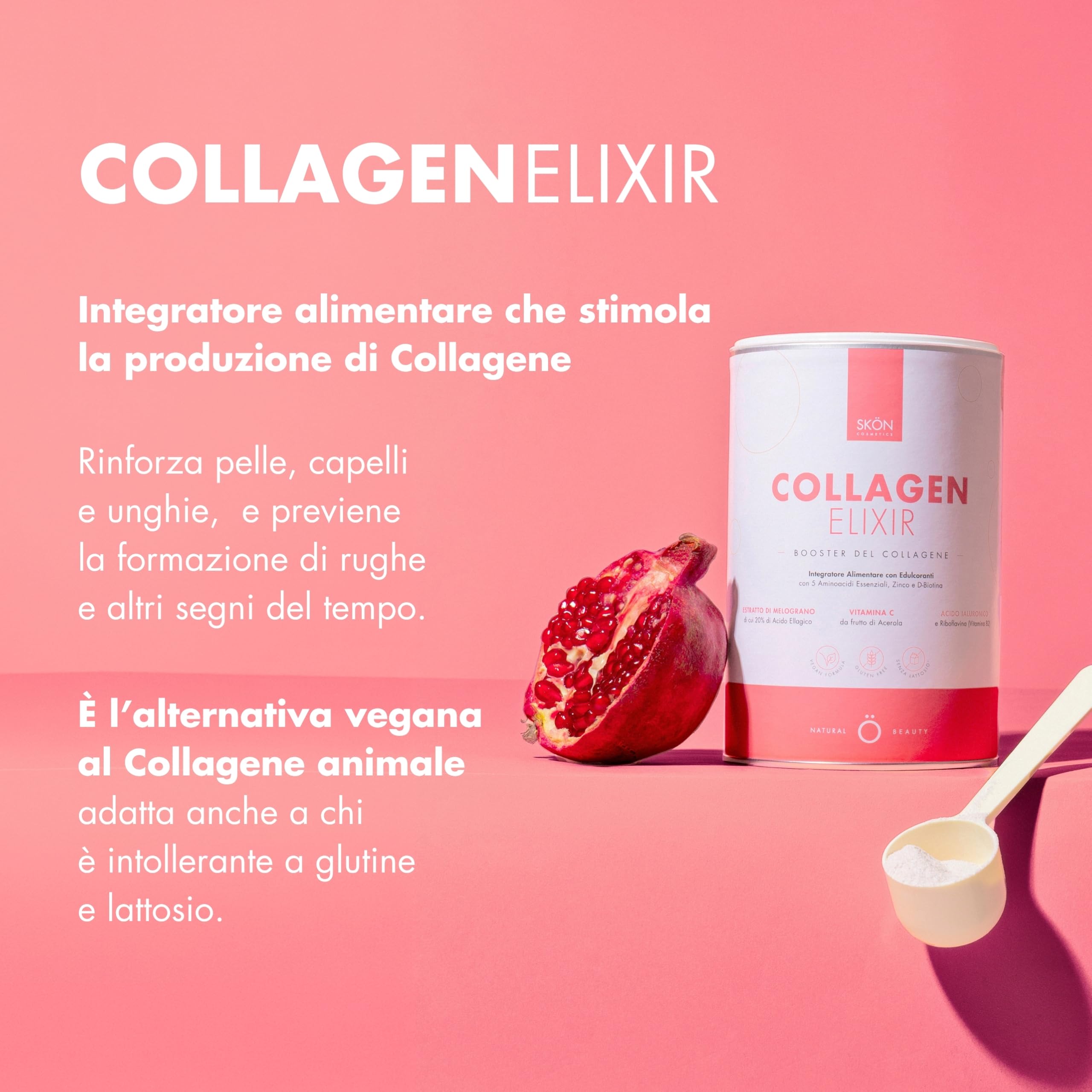 Skön Collagen Elixir - Integratore Collagene e Acido Ialuronico in Polvere con Vitamina C Biotina Niacina, Supporta la Produzione di Collagene - Integratore Capelli Unghie Pelle, 240gx2, Made in Italy