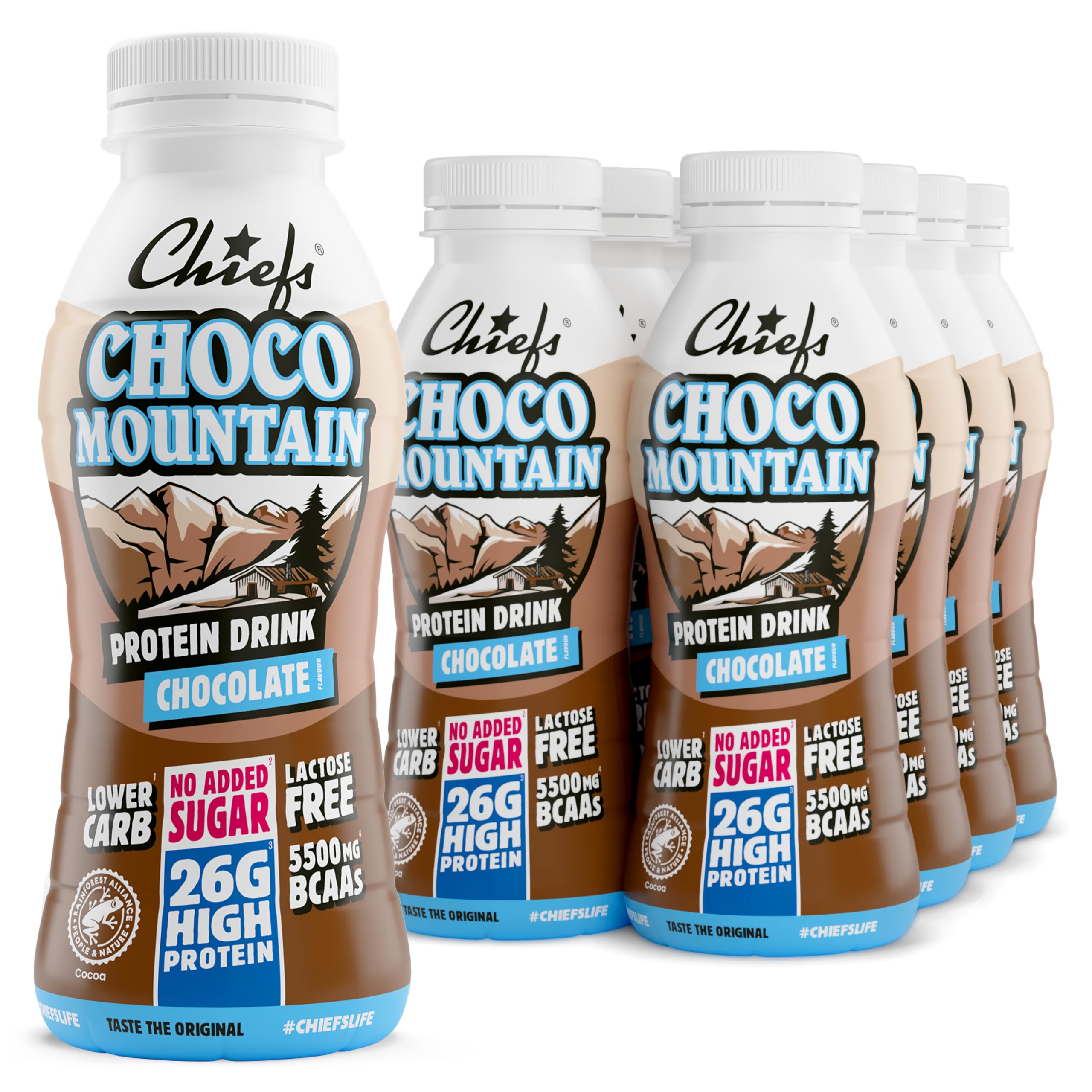 Chiefs® Milk Protein Drink avec 26 g de protéines et BCAA • Shake riche en protéines et faible en glucides, sans lactose et sans sucres ajoutés • 8 x 330 ml (Choco Mountain)
