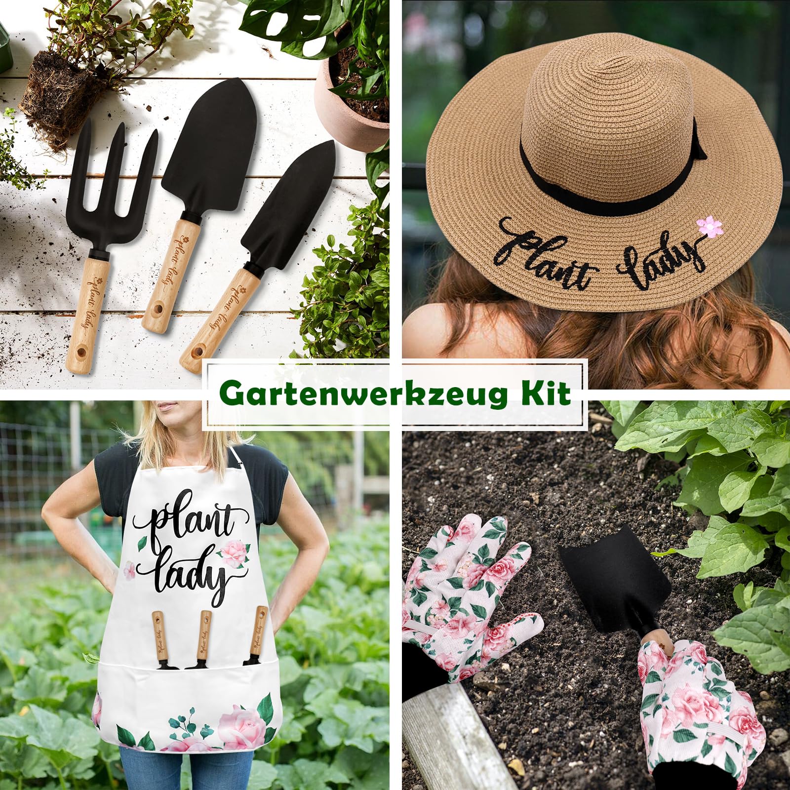 Kit di attrezzi da giardino con attrezzi per piantare, cappello di paglia, grembiule da fiori, guanti, cestino regalo per mamma, zia, nonna, primavera, giardino, scavare, orticoltura, set da 6