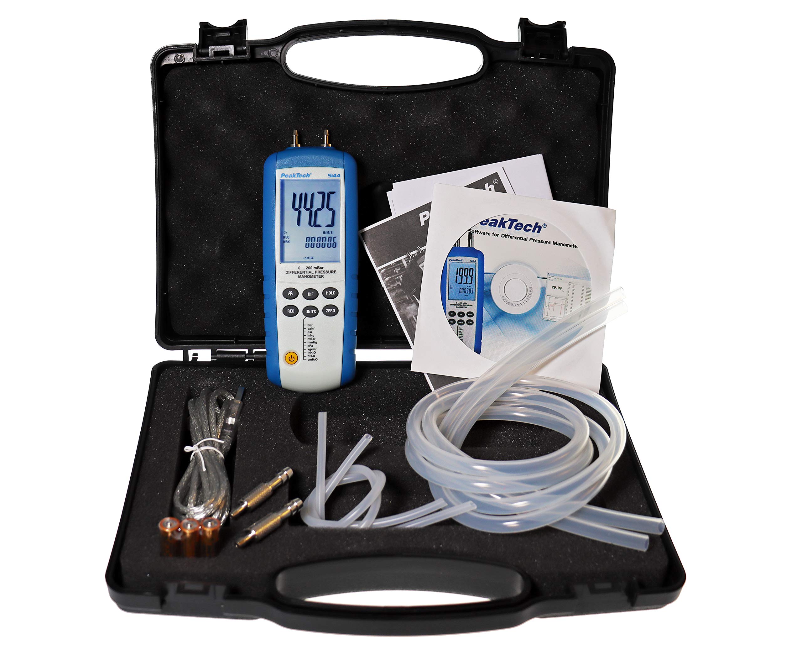 PeakTech P 5144 – Digitales Manometermit Messbereich bis max. 200 mBar, Differenzdruck-Messgerät mit USB-Port, Messung für Druckdifferenzen, LCD-Anzeige mit Beleuchtung, inkl. Windows-Software