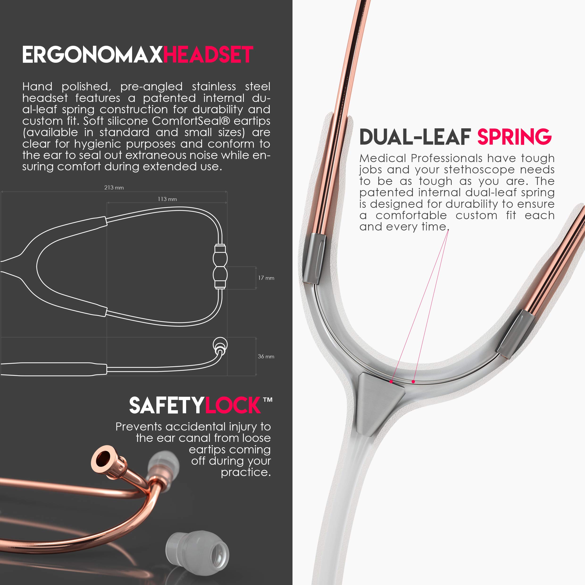 MDF Instruments MD One Estetoscopio doble cabeza de acero inoxidable - GarantÃa de por vida & Programa-piezas-gratuitas-de-por-vida - MDF777-RG29 (Oro Rosa/Blanco)