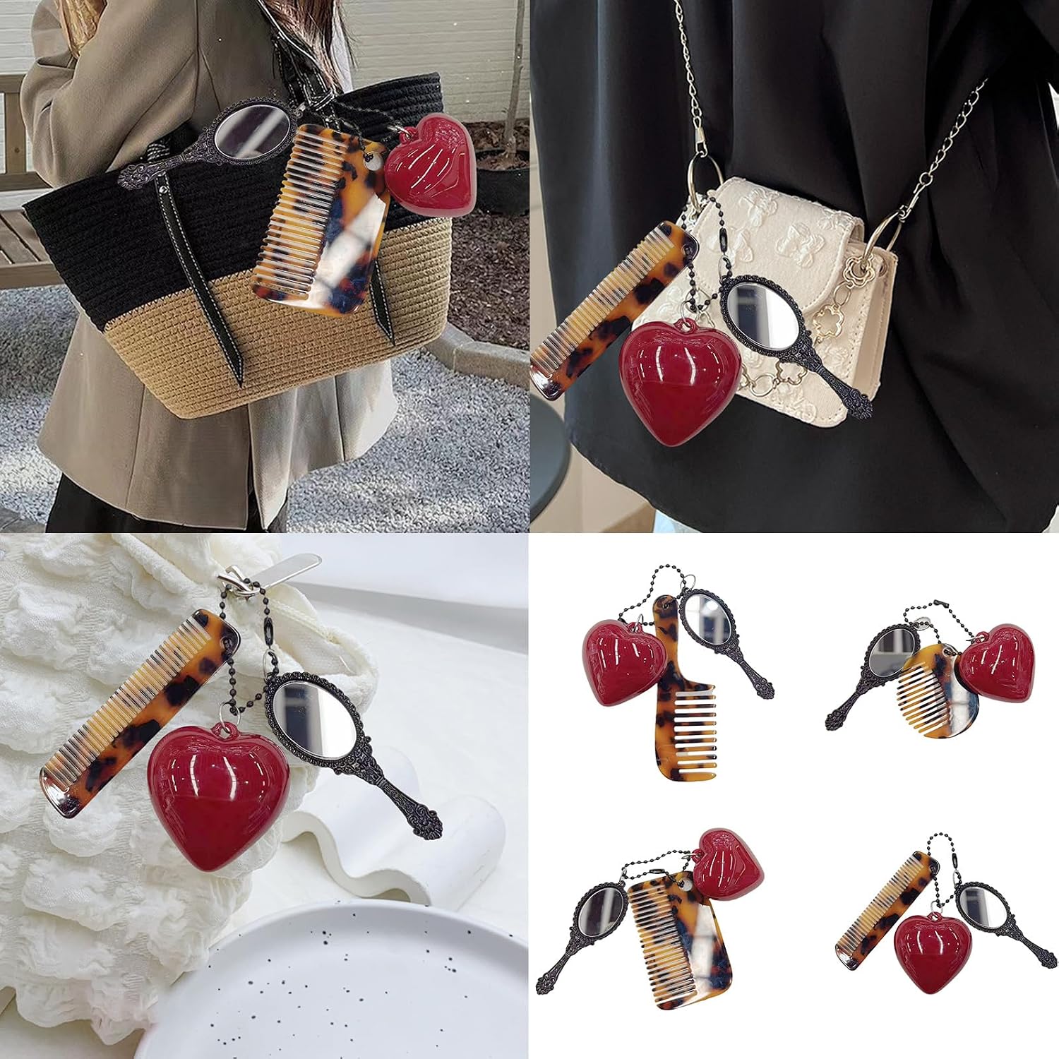 Stylish Acetate Comb Keychain with Makeup Tool and Heart Handbag Accessories Fashionable Keyring for Women Girls Wide Tooth Comb image 2