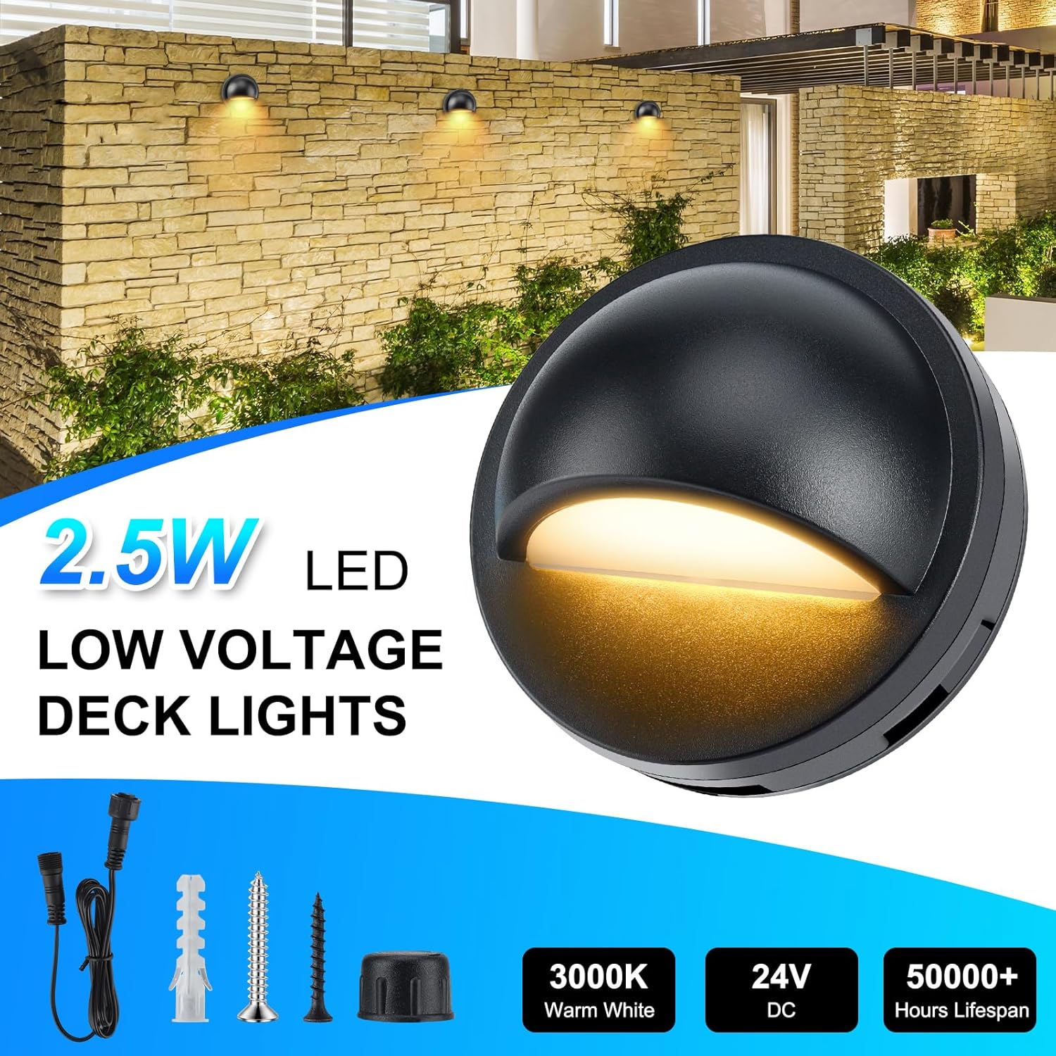 Low Voltage LED Deck Lights kit with Transformer Timer and Photocell Sensor, IP67 Waterproof Fence Lights, Warm White Deck Lighting for Outdoor Walkway Stair post Railing, UL-Listed Cord 8Pack