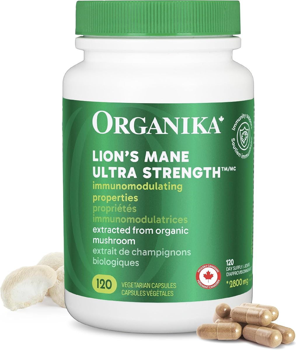 Organika Canadian-Made Lion's Mane - Ultra Strength Organic Mushroom Extract - 2800mg - Nootrophic, Natural Support for Memory, Mood, Neuroprotection and Cognition - 120vcaps, 120 Day Supply