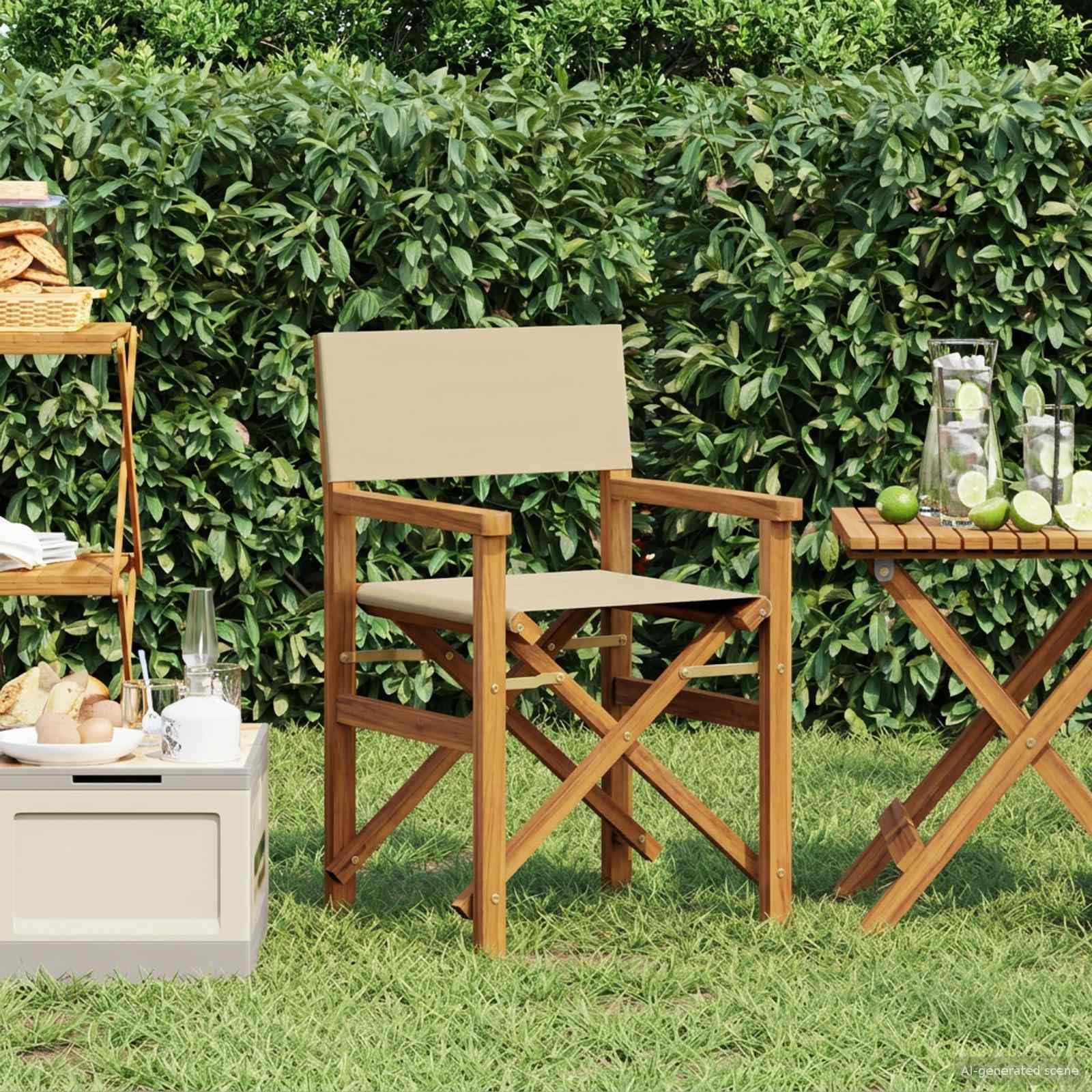vidaXL Sedia da regista Marrone e Beige Legno di teak solido, Sedia Pieghevole Ergonomica per Giardino, Teak Resistente all'Acqua, Compatta per Esterni, Arredo alla Moda