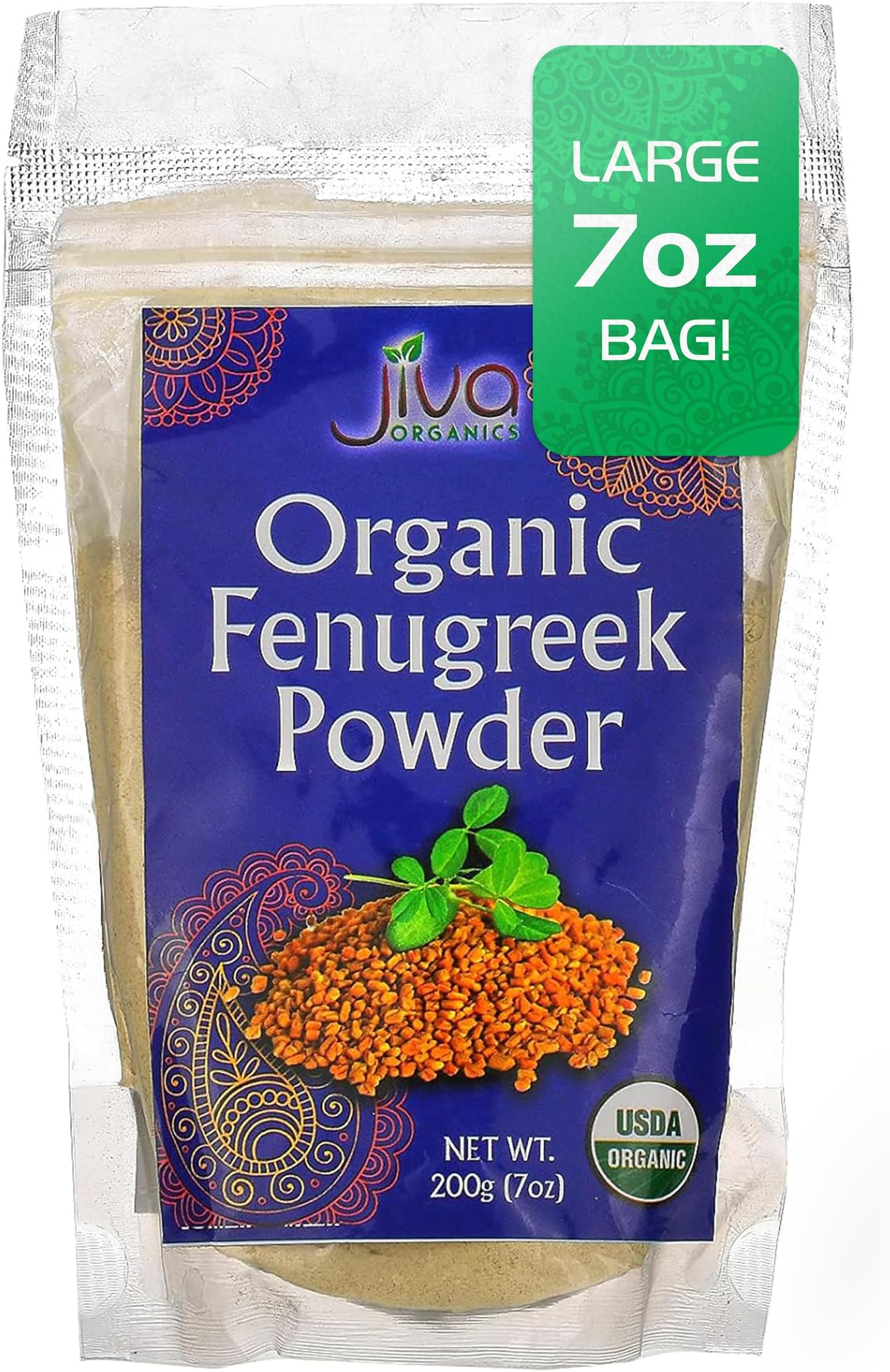 Jiva Organics Organic Fenugreek Powder 7oz Bag - Gluten Free, Non-GMO, Methi Powder, Pure, Raw & Natural - Great As A Spice Or Even For Hair Growth - Product of India