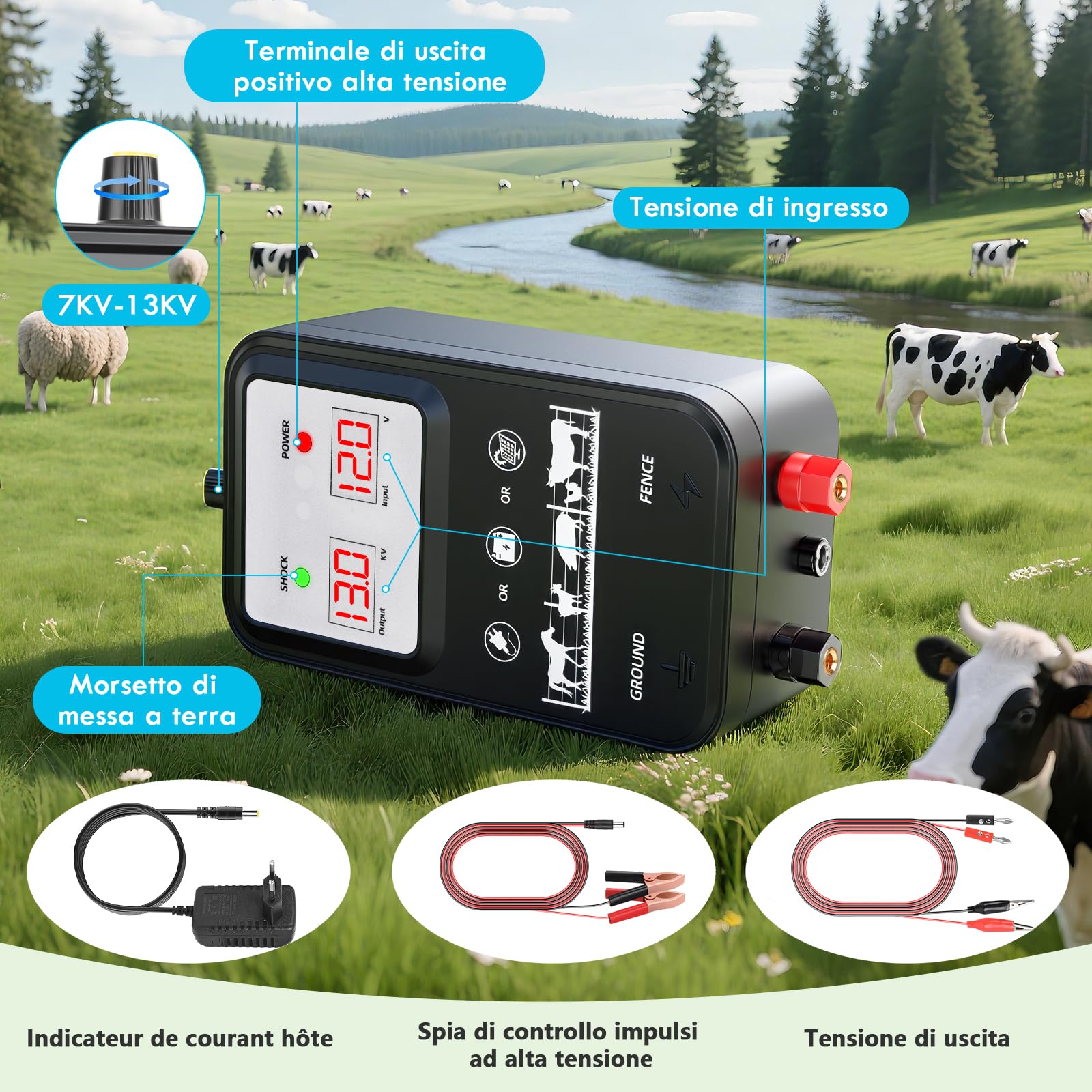 10KM Recinto Elettrico per Animali, Potente Elettrificatore per Recinzione Elettrica da 2 J con display LCD, Recinzione Elettrica Impermeabile IP44 ad Alta Potenza per Fattoria, Giardino, Pascolo (B)