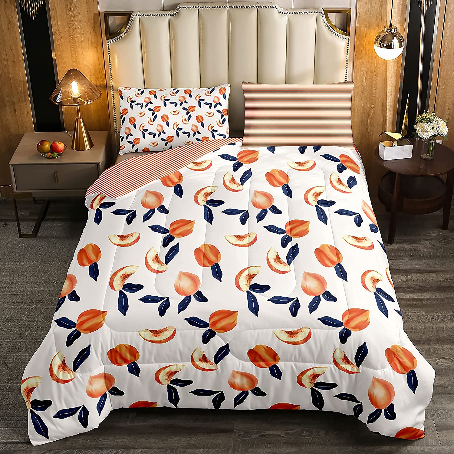 Loussiesd Peach Duvet, Kawaii Cartoon Fruit Peach Bedding Set Orange Peach Quilted Duvet, for Girls Women Kawaii Room Decor, Soft Reversible Cute Peach Duvet Insert for All Season King Size — image 1