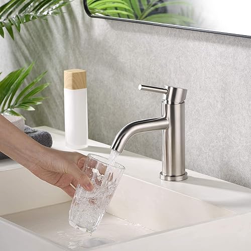 Miniatura 5 de Rainovo Grifo de baño de níquel cepillado, grifo de lavabo de baño de un solo agujero, acero inoxidable, moderno grifo de tocador de una sola