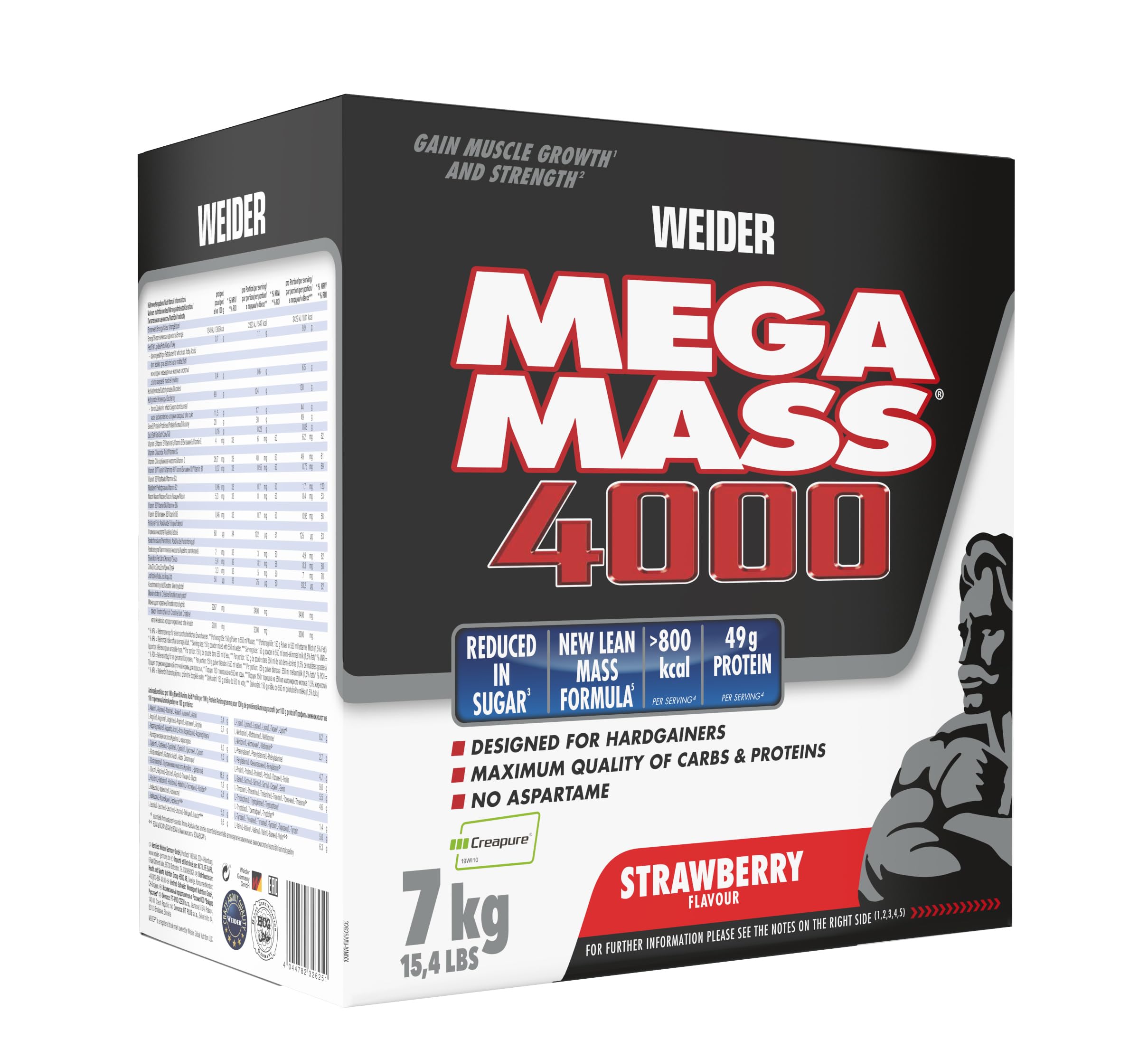 Weider Mega Mass 4000. Legendarny Gainer z Węglowodanami, Białkiem, Monohydratem Kreatyny Creapure, Witaminami i Minerałami. Truskawka - 7 kg
