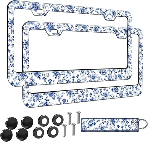 Miniatura 13 de 2 piezas Marco de matrícula azul con diseño de bosque montañoso para mujeres, marcos de etiqueta decorativa de coche azul montañoso para chicas,