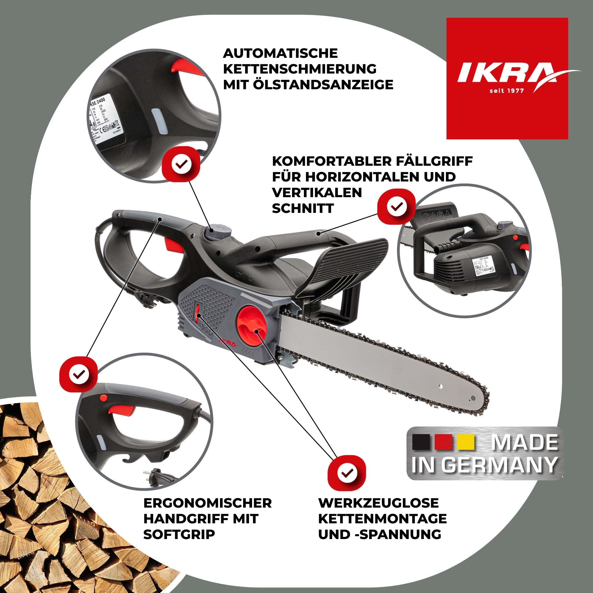 IKRA Elektro Kettensäge KSE 2400-40, Made in Germany, inkl. Ersatzkette | Schnittlänge 40cm, vibrationsarme Sägekette, werkzeuglose Kettenmontage & -spannung, 2400 W, metallverstärktes Profigetriebe