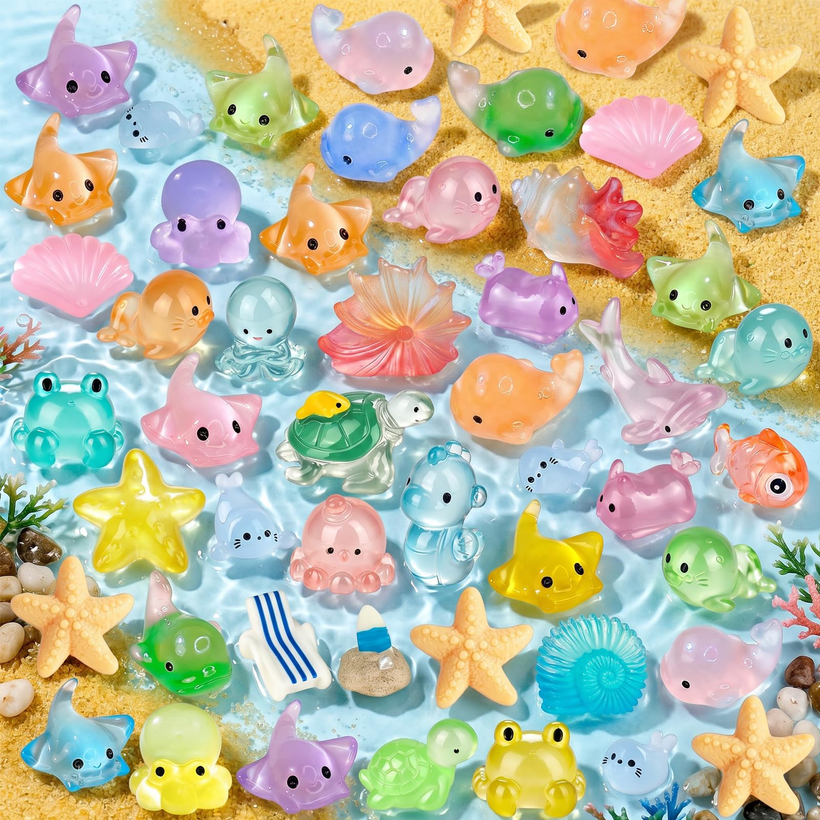 Catephe 60 Pcs Mini Resin Sea Animals, 40 Styles Tiny Animal Figures Glow in the Dark for Potted Micro Landscape Garden Aquarium Dollhouse Decor