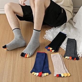 PUTUO Mens Toe Socks Running Five Finger Socks Mini Crew Sport Cotton Socks, 3/4/5 Pairs