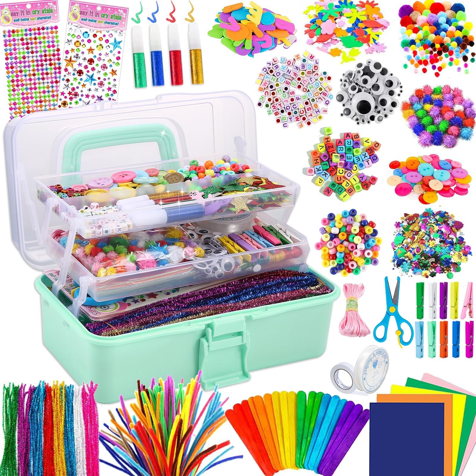 Gutenguy Bastelset Kinder, 3000+Pcs Bastelkoffer Bastelbedarf Material Set, Große Bastelbox Geschenke für Mädchen Jungen3 4 5 6 7 8 9 10 11 12 Jahre-Hellgrün