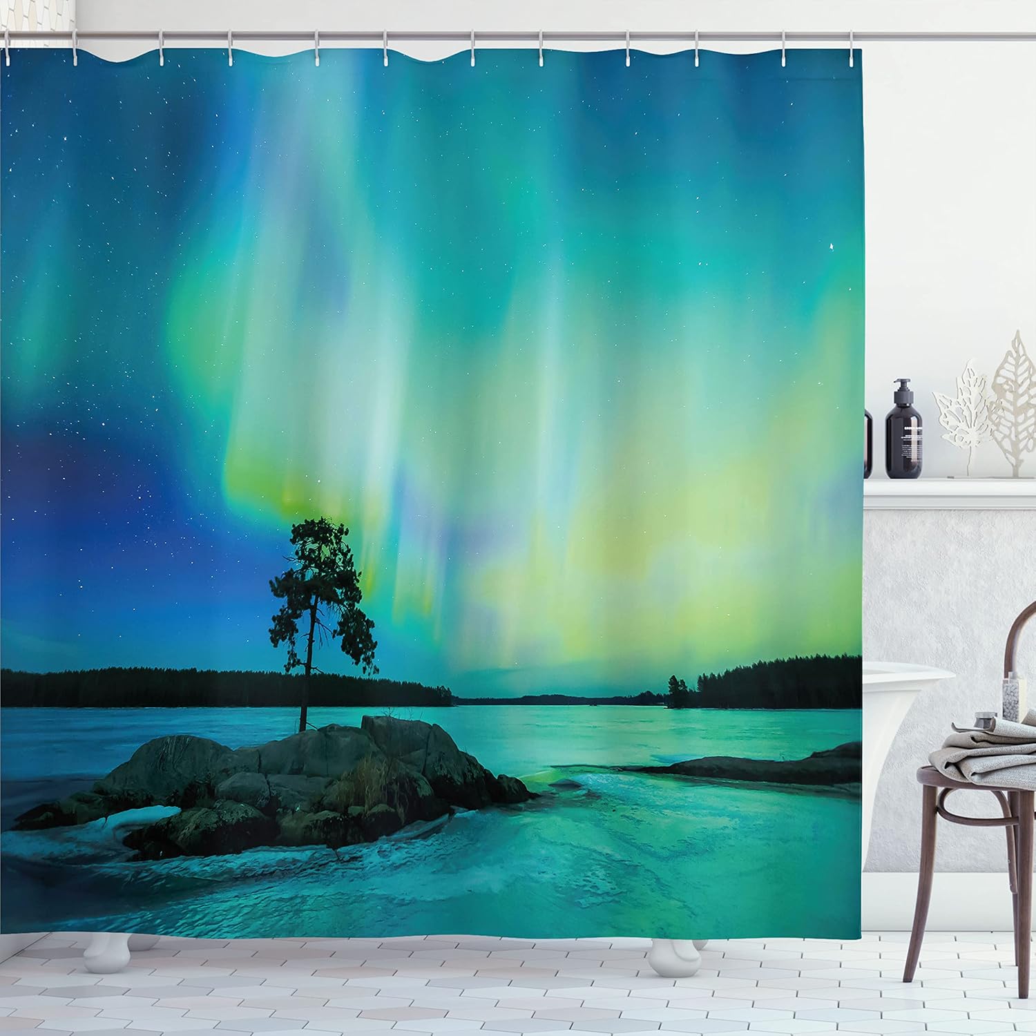 Ambesonne Aurora Borealis Shower Curtain, Single Tree Over Rocky Stone by River Borealis Earth Beauty Image, Cloth Fabric Bathroom Decor Set with Hooks, 69" W x 70" L, Teal Blue Lime Green