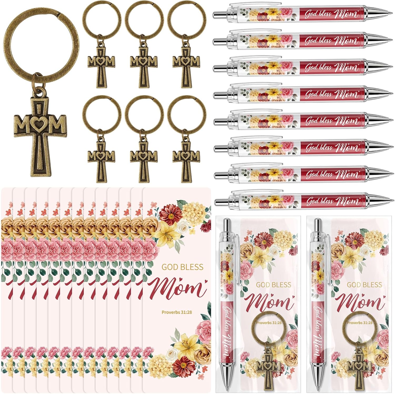 Motiskyy 24 Set Mothers Day Gifts for Church God Bless Mothers Pen Religious Bible Verse Bookmark Prayer Card Cross Keychains Jesus Gifts Catholic Keepsake for Christian Mother Sunday School Gift
