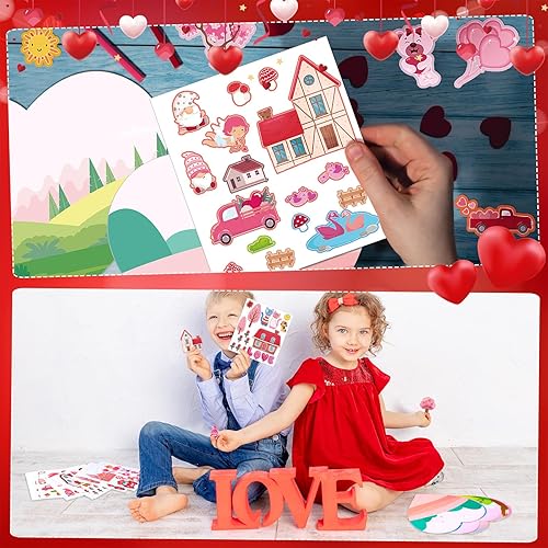 Miniatura 4 de Spiareal 24 calcomanías para el día de San Valentín para niños, haz tus propias calcomanías, cartón de escena de dulce casa con corazón, cupido,