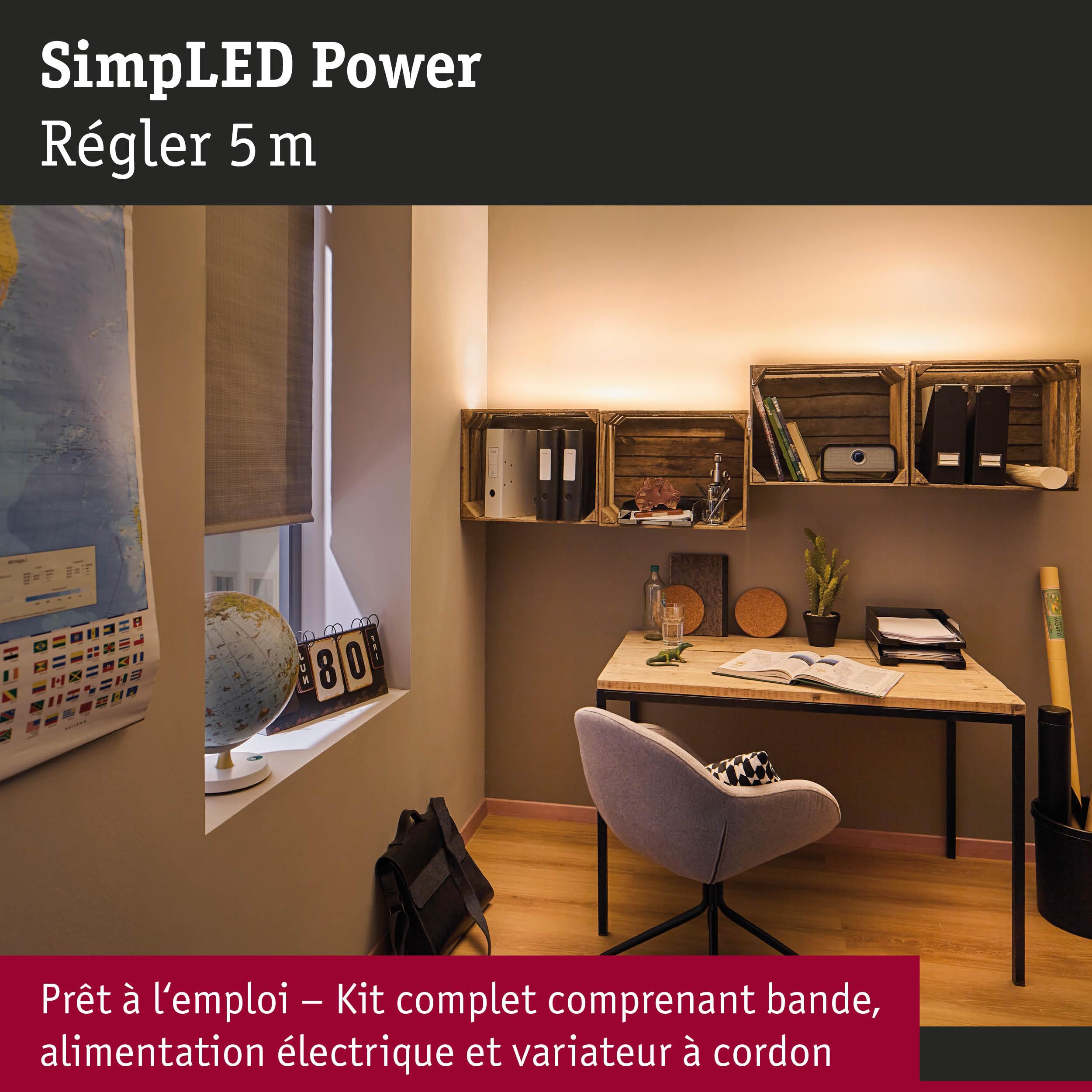 Paulmann 78957 Kit Strips LED SimpLED Power 5 m avec variateur à fil 1100lm/m incl. 1x50 watts IP44 Blanc barre lumineuse plastique bande LED 3000 K