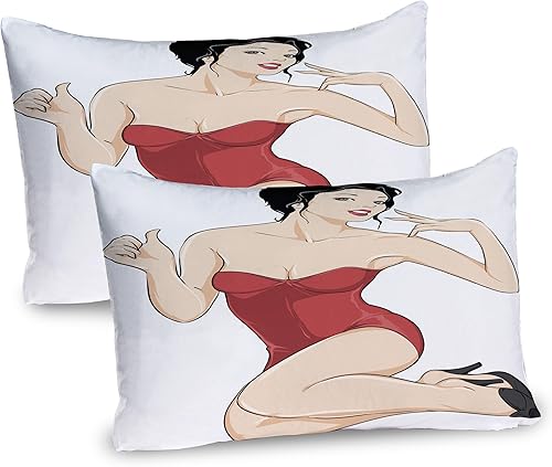 Ambesonne Pin up Girl - Juego de 2 fundas de almohada con diseño de piel pálida y morena con trajes de baño sin tirantes, ropa de cama de microfibra