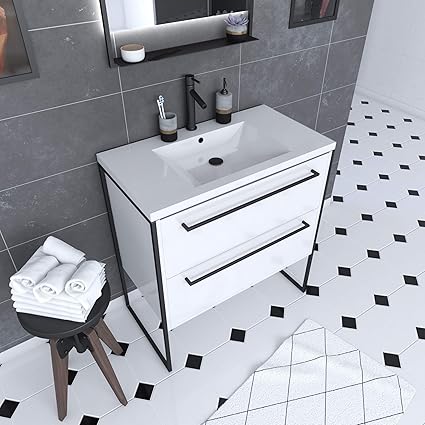 Meuble De Salle De Bain 80x50cm Blanc 2 Tiroirs Vasque Resine Blanche Pieds Et Poignees Amazon Fr Cuisine Et Maison