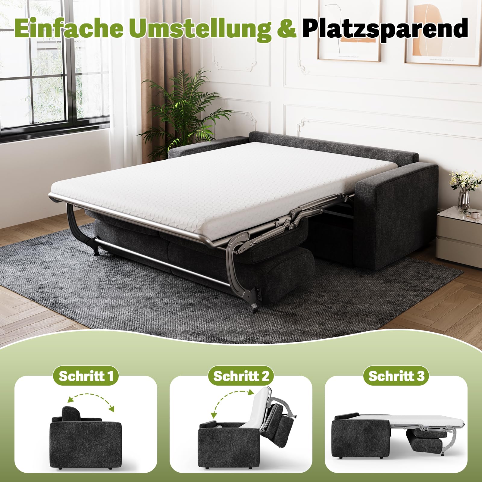 Devoko Schlafsofa mit Matratze 2 Sitzer Sofa 190 cm breit mit Schlaffunktion Ausziehbares Schlafcouch Chenille Couch Klappsofa für Wohnung und Wohnzimmer, Schwarz