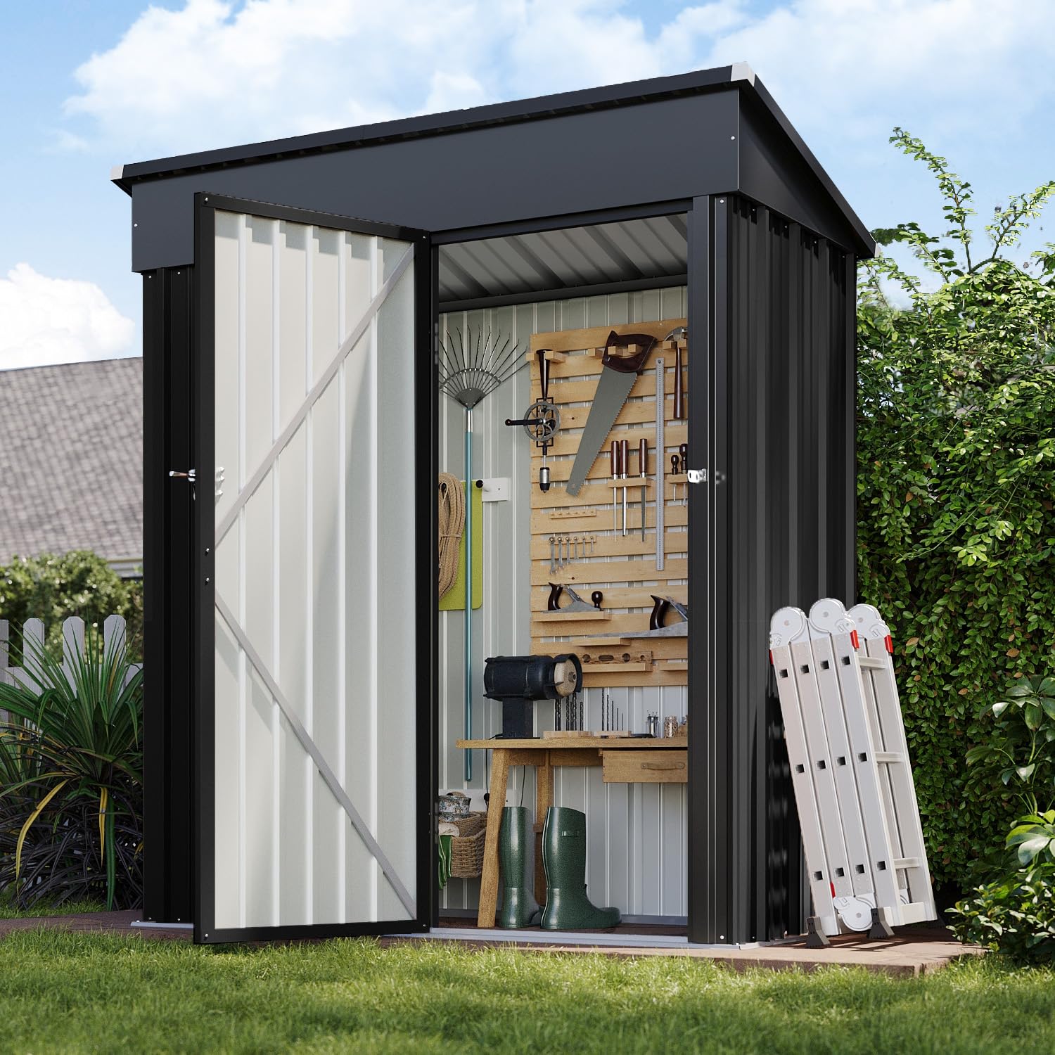 Aoxun 5x3ft Metal Garden Shed, Galvanized Waterproof Strong Reinforced Roof, Sheds and Outdoor Storage with Lockable Doors & Slooping Roof for Patio, Backyard, Black