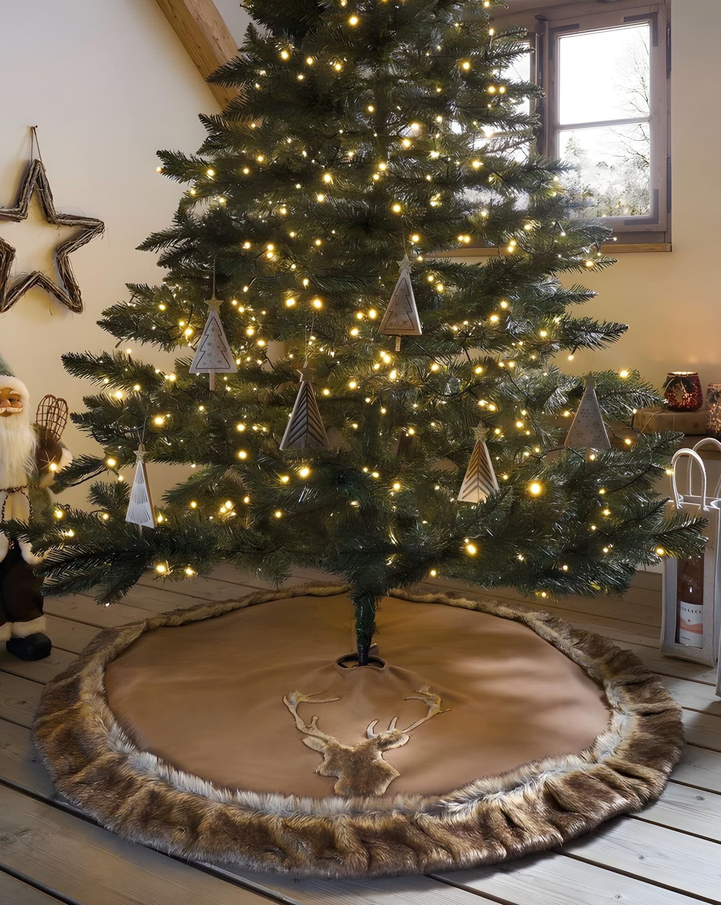 Dekoleidenschaft Christbaumdecke Hirsch Ø 120 cm, in braun, Rand aus Kunstfell, Weihnachtsbaum-Decke, Weihnachtsbaumständer-Hülle, Tannenbaumständer-Kragen, Christbaum-Rock