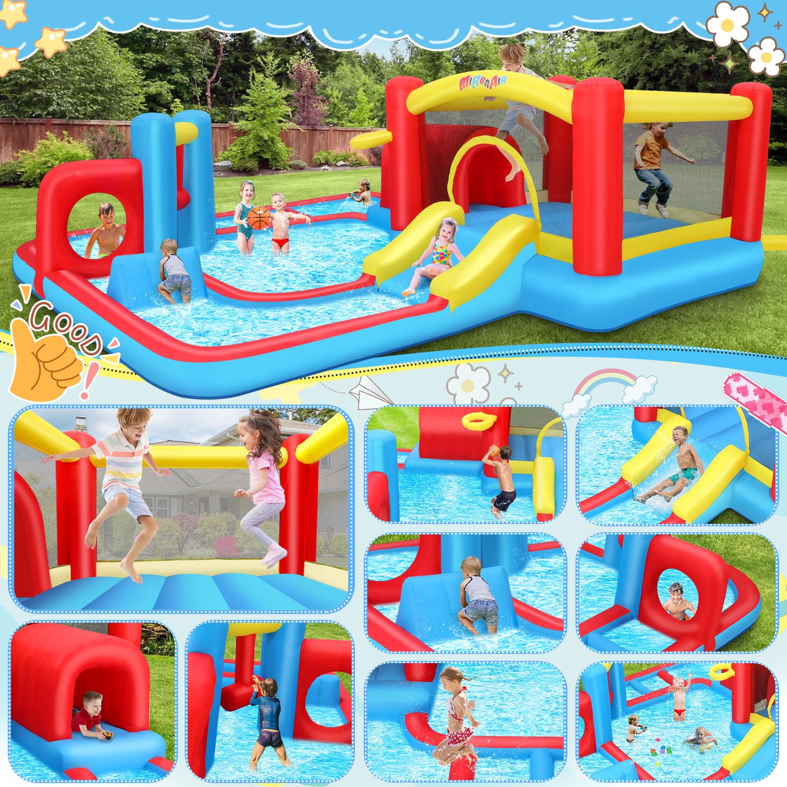 Whubefy - Campo de obstáculos inflable para casa de rebote para niños, patio trasero, parque acuático con piscina grande de 15 x 15 pies, martillo para riego, túnel de juego, anillo doble y desafío de