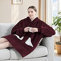 Vista 3 de Touchat - Sudadera con capucha estilo cobija, manta Sherpa de gran tamaño con bolsillo y mangas, manta con capucha súper suave, cálida y cómoda, Vino