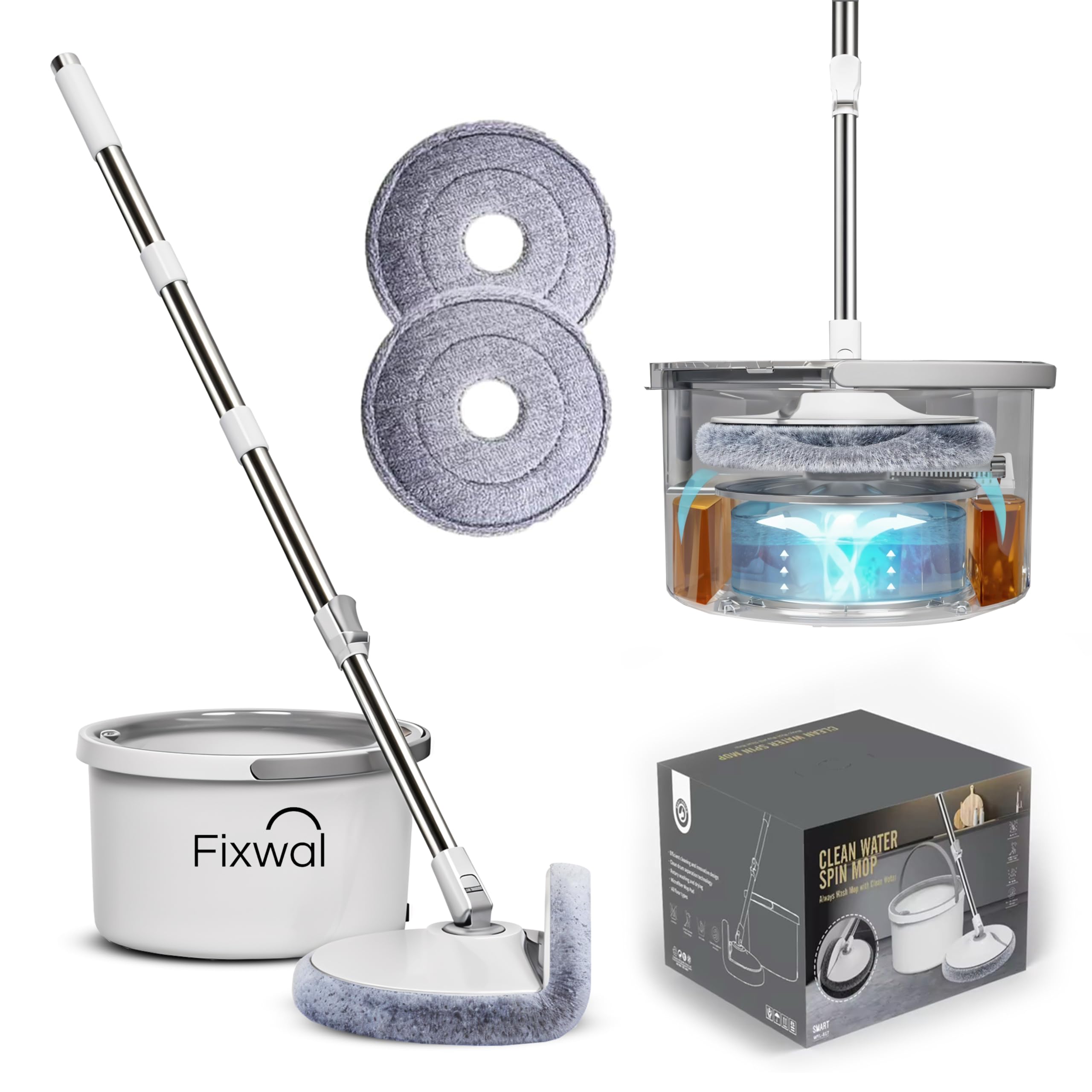 Spin Mop Bucket Set, 360 Degree Spinning Mop with Self Separation Dirty and Clean Water System, Easy Wring Floor Mop with Detachable Mop Heads for Floor Cleaning on Home Kitchen