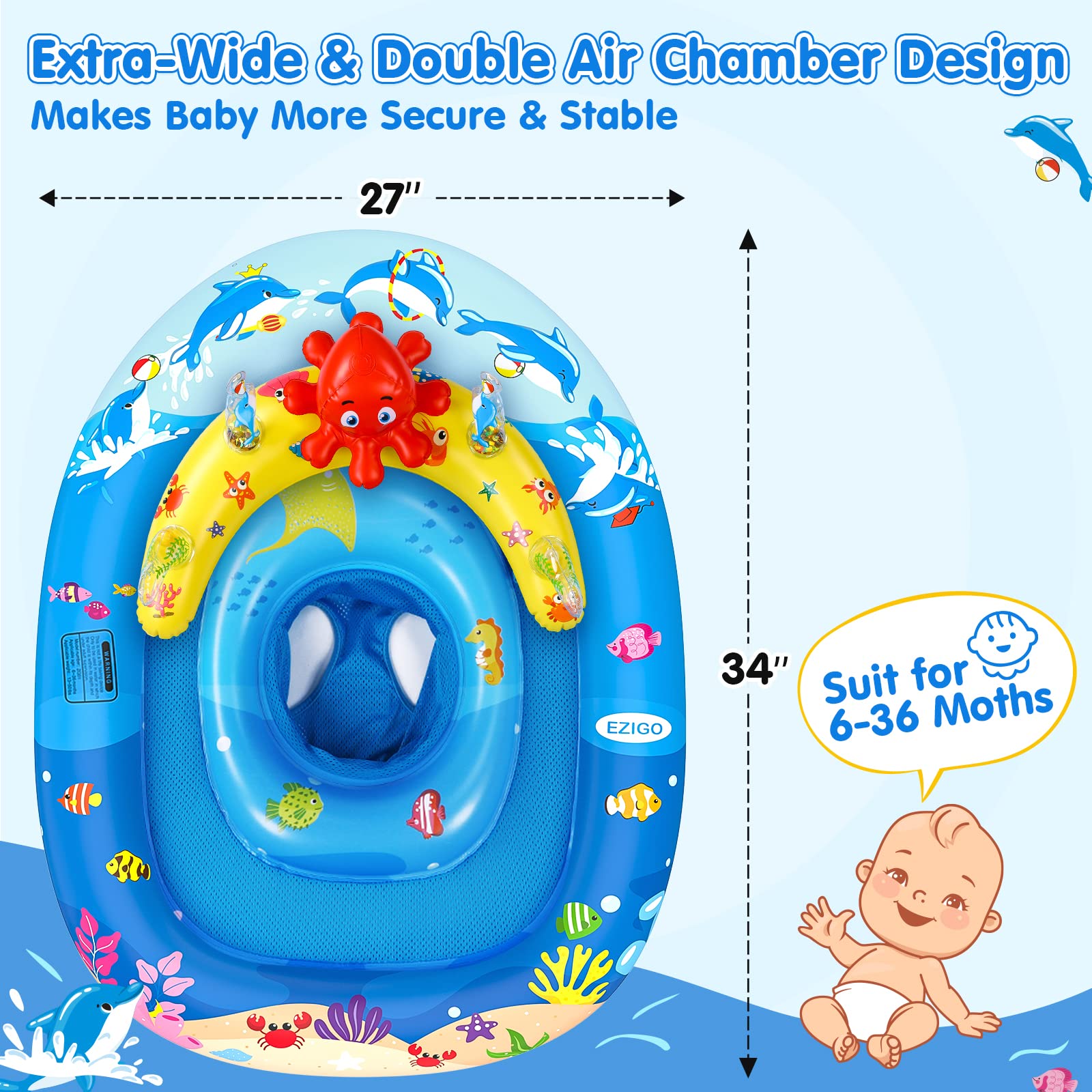 EZIGO Baby Pool Float with Canopy UPF50+ Sun Protection, Inflatable Kids Pool Float with Ocean Animal Toys for Babies 6-36 Months, Infant Swimming Float with Adjustable Safety Seat for Boys Girls