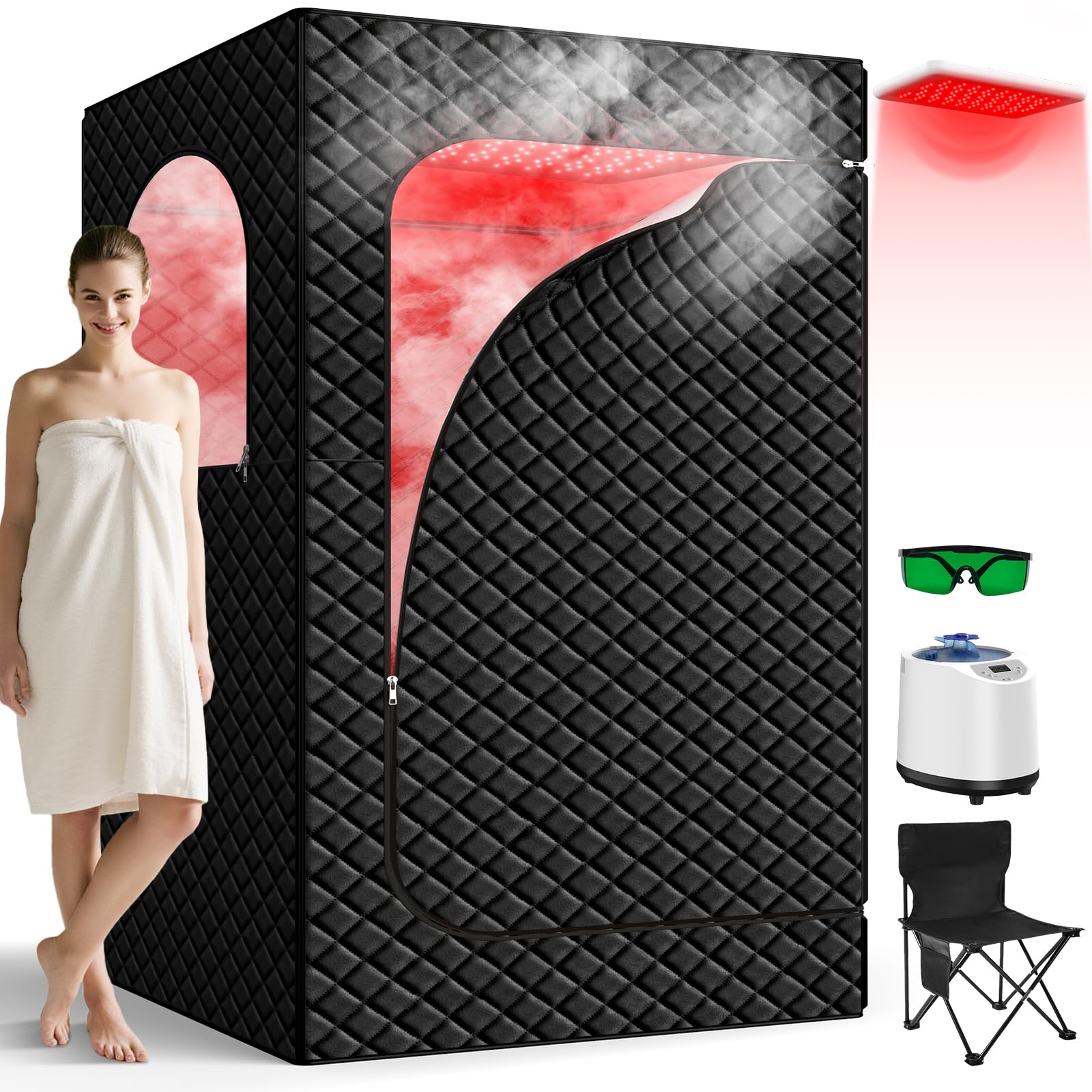 A woman sitting inside the I-THERA-U Portable Infrared Sauna Box, enjoying the red light therapy and steam.