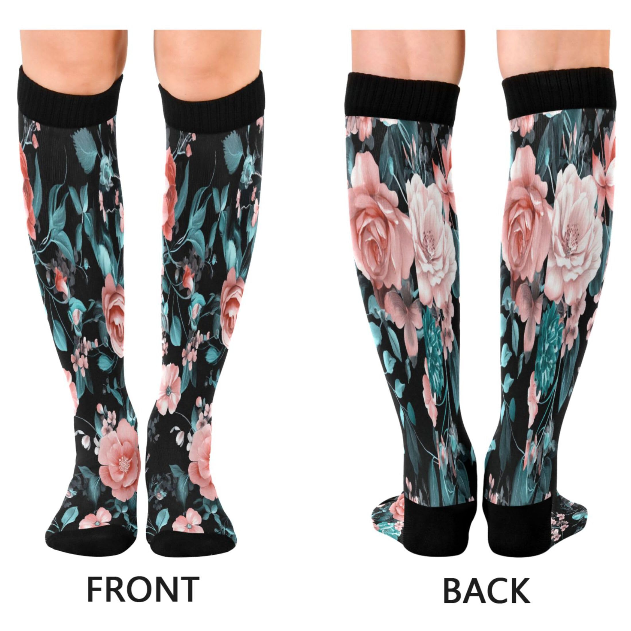 Burbuja Pink Teal Floral Compression Socks for Women Men (20-30mmHg), Knee High Socks Circulation Support for Sport Running Hiking Nurse, 1 Pair