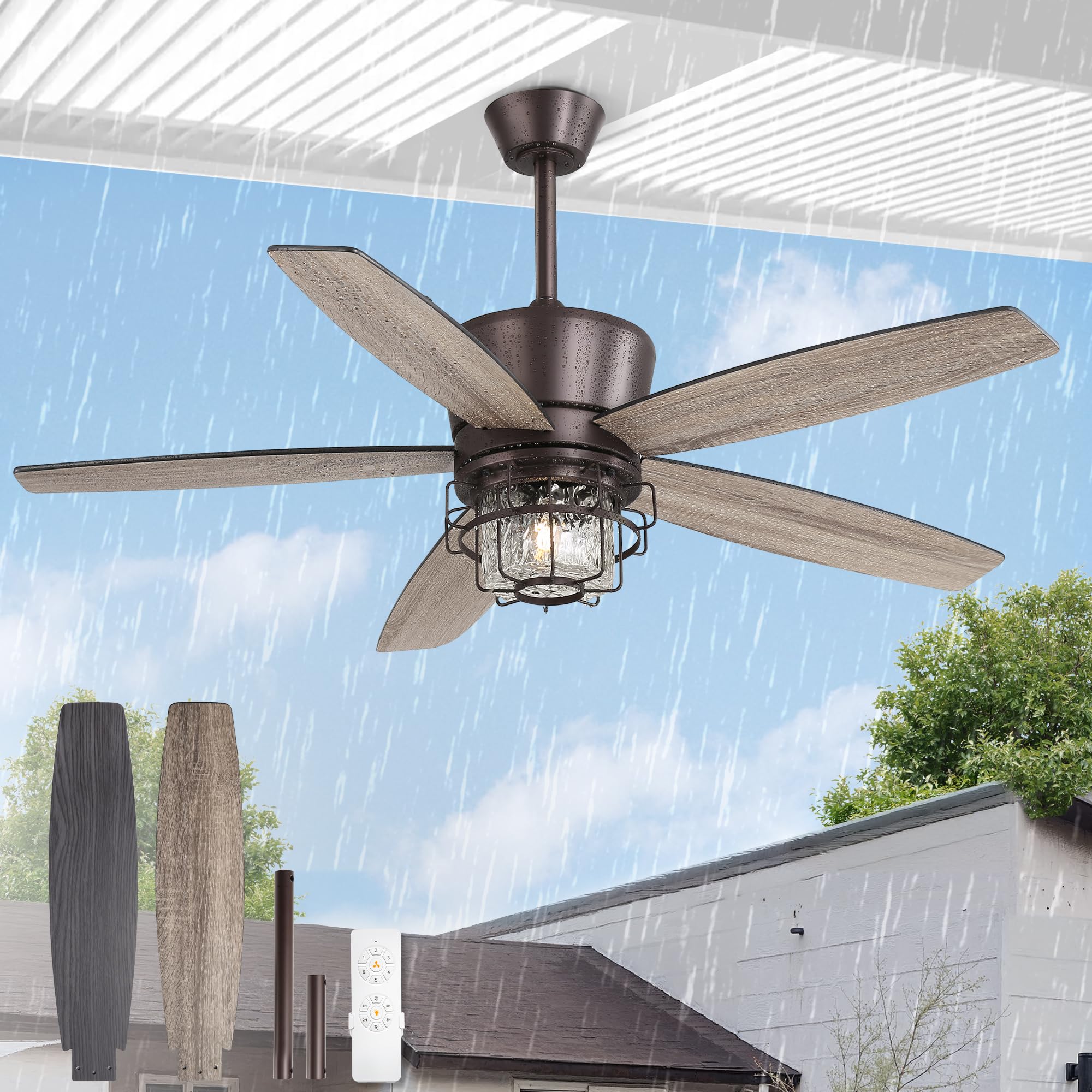 52" Outdoor Ceiling Fans with Lights and Remote Control,IP65 Wet Rated Waterproof Ceiling Fan with 6-Speed DC Motor, Farmhouse Gazebo Fan for Porch Patios Pavilion(Oil-Bronze)