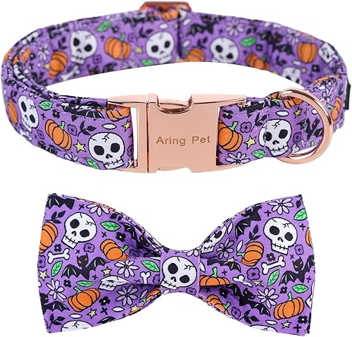 ARING PET Collar de Halloween para perro, lindo collar de calabaza para perro, pajarita, algodón morado calavera murciélago collares de perro