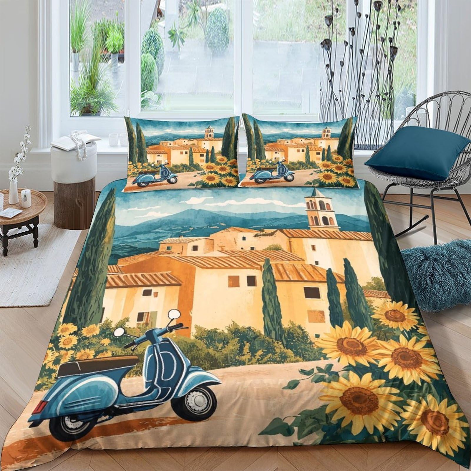 Ctjqhvkz Style-1 3D Printed Tuscan Village Fitted Sheet Microfiber Scenic Sunflower Road Mattress Cover For Bedroom Decor Protection Single（135X200cm）