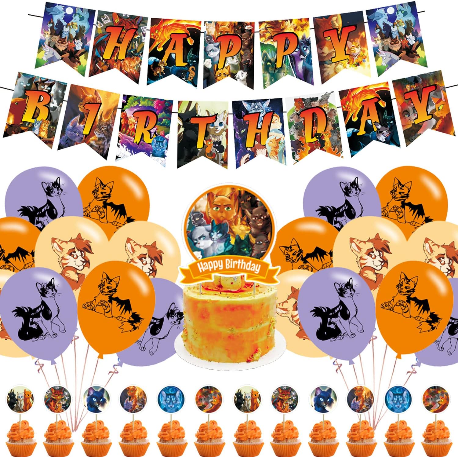 AUSDU Warriors Cats Party Decorations, Cartoon Cat Theme Birthday Party Supplies Include Happy Birthday Banner, Balloons, Cupcake Cake Toppers