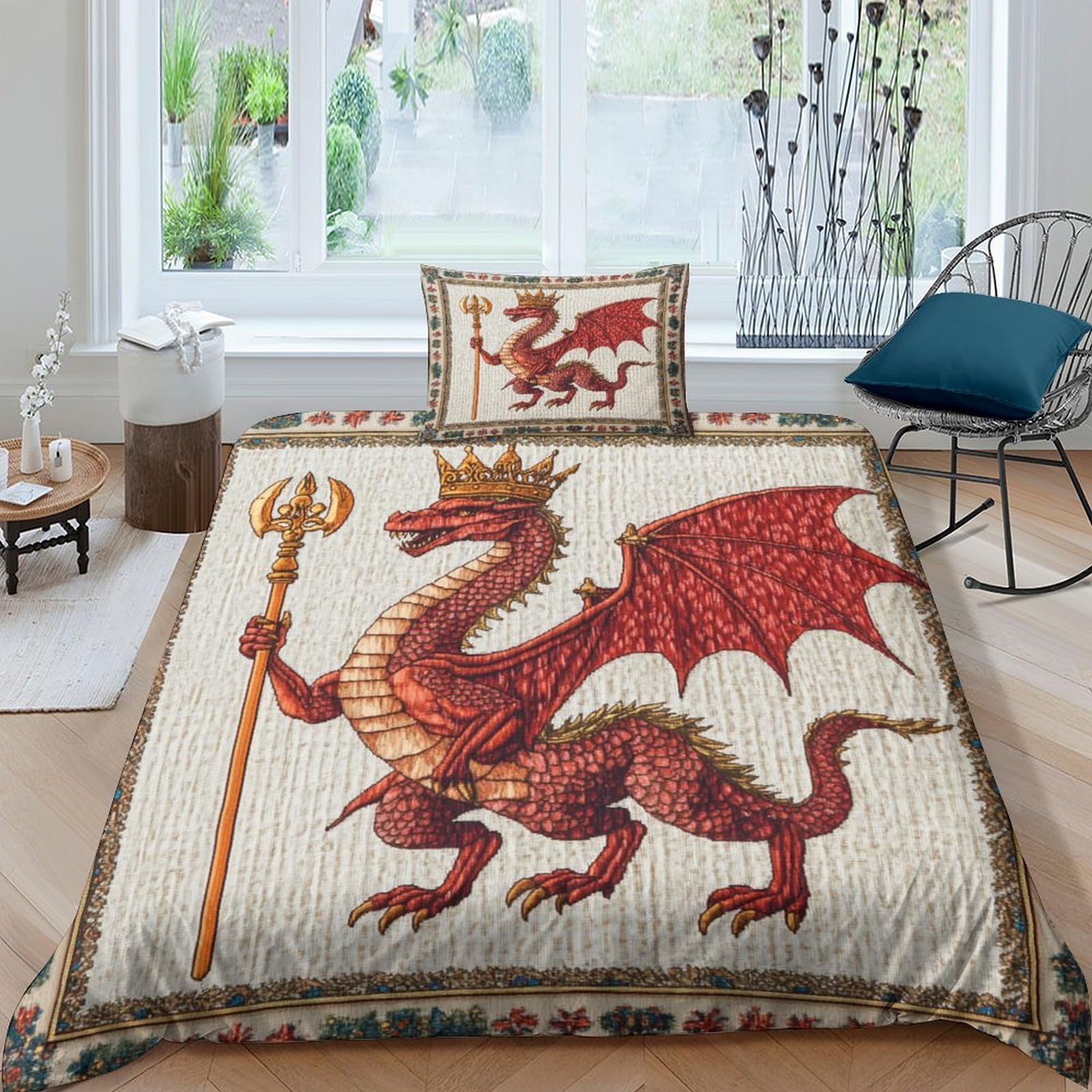 Medieval Style Duvet Cover Set 3 Piece Bedding Set 3D Print Microfibre Comforter Cover with Pillowcases,Red Welsh Dragon Quilt Cover Set for Kids Boys Girls Teens Single（135x200cm）