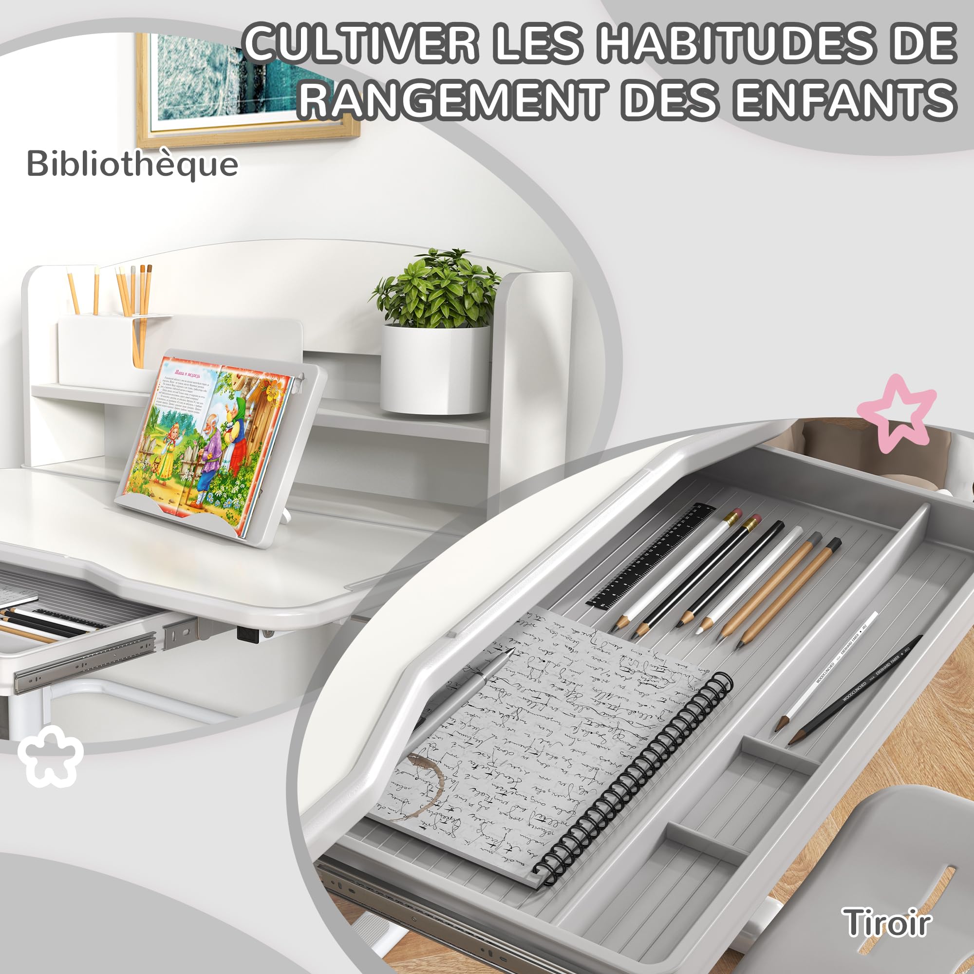 ZONEKIZ Bureau Enfant Avec Chaise en Acier - Hauteur Réglable, Étagère, Tablette Coulissante Multi-Rangement, Inclinable 45° - Gris Blanc