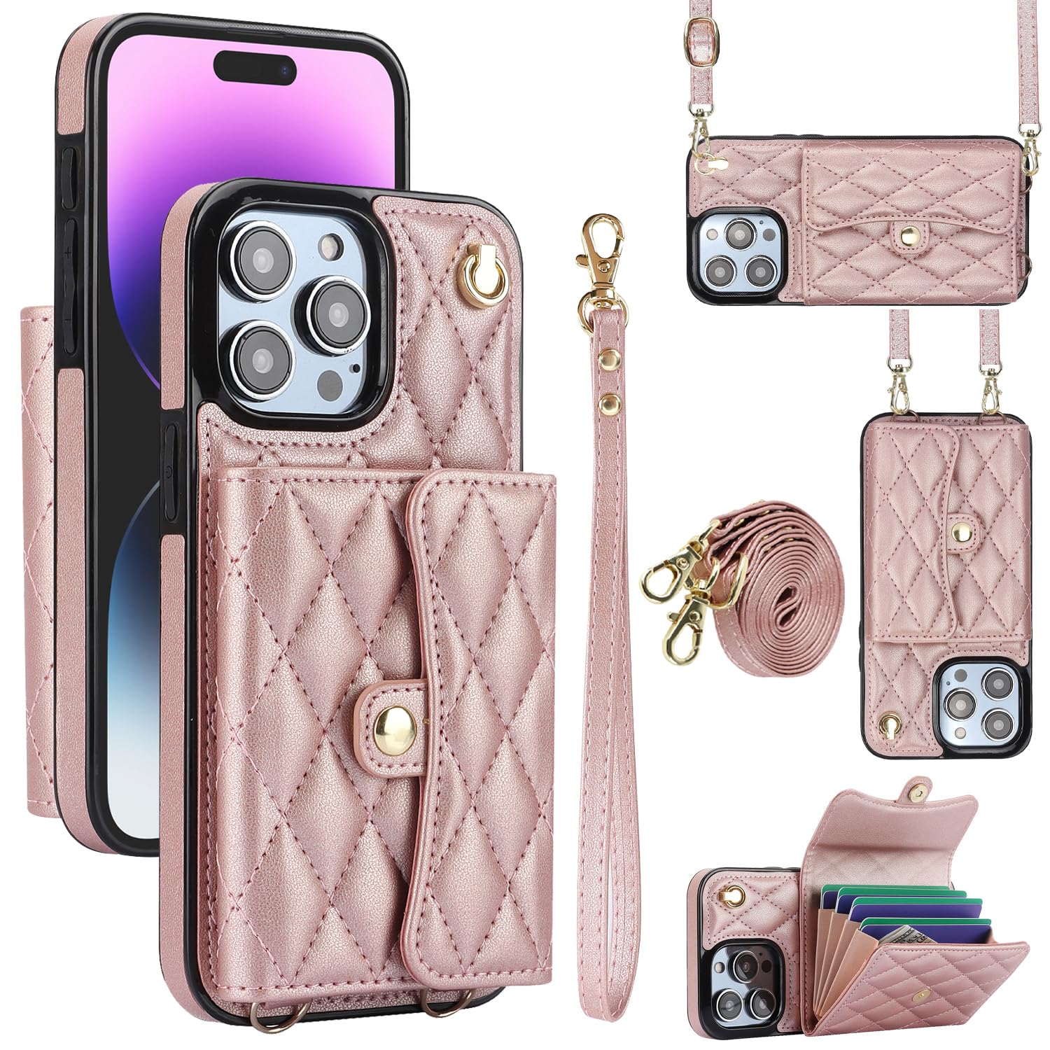 XIZYO for iPhone 15 Pro Max Leather Crossbody Wallet Phone Case with 2 Adjustable Removable Lanyard Straps