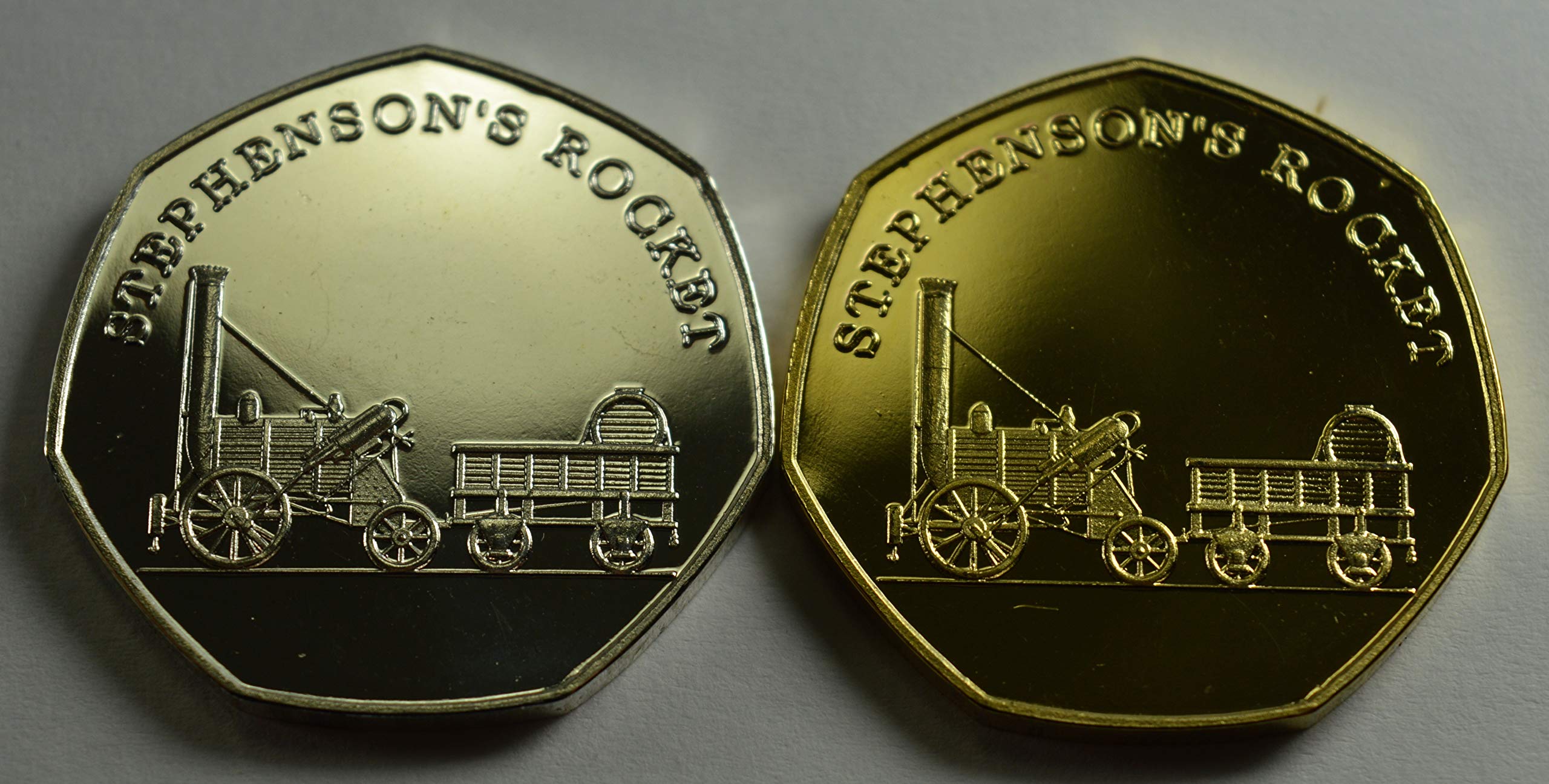 Pair of STEPHENSON'S ROCKET Steam Engine Silver & 24ct Gold Commemorative Coins Albums/50p Collectors, STEAM & STEEL SERIES Iconic Railway Locomotives