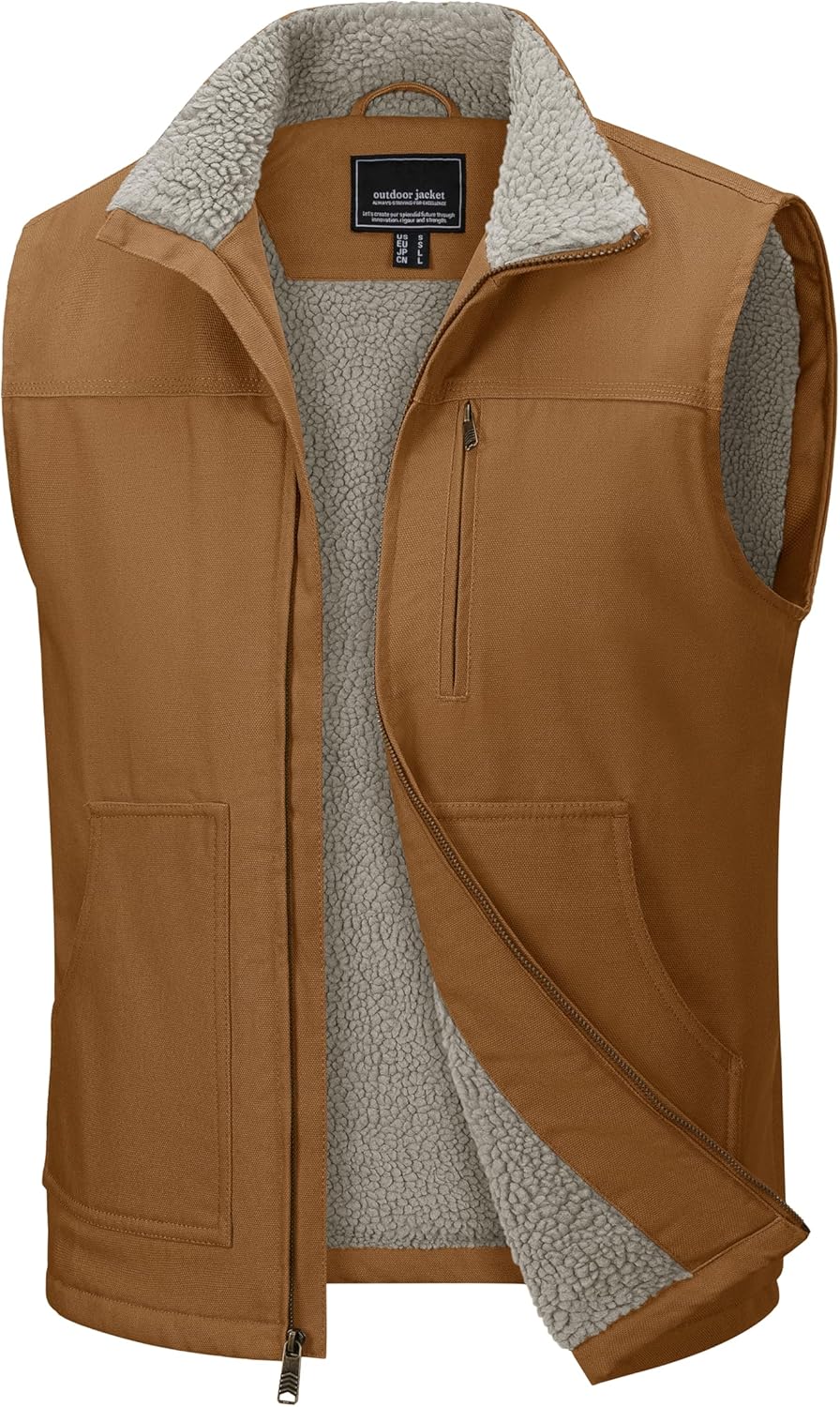 TACVASEN Mens Work Utility Winter Vest Duck Canvas Waterproof Heavy Duty Coats Sherpa Fleece Sleeveless Jackets Pockets