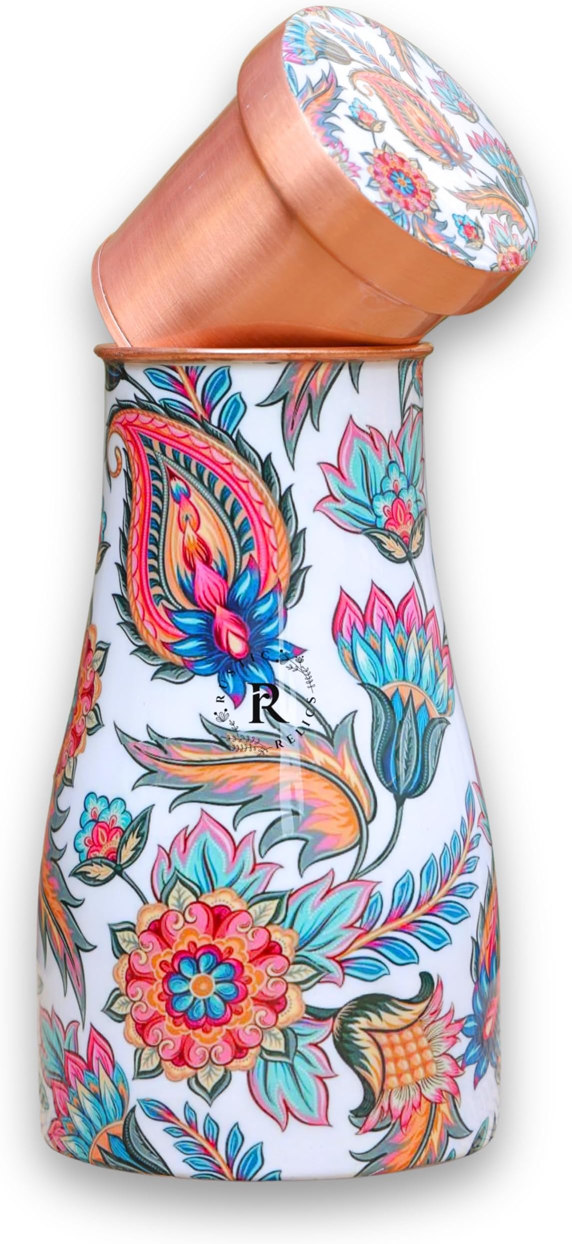 Meena Print Copper Water Bottle Jar - 1L | With Inbuit Glass In Lid | Beautiful And Elegant Meena Print Design | Kitchen And Bedroom Sugar Water Storage Pot