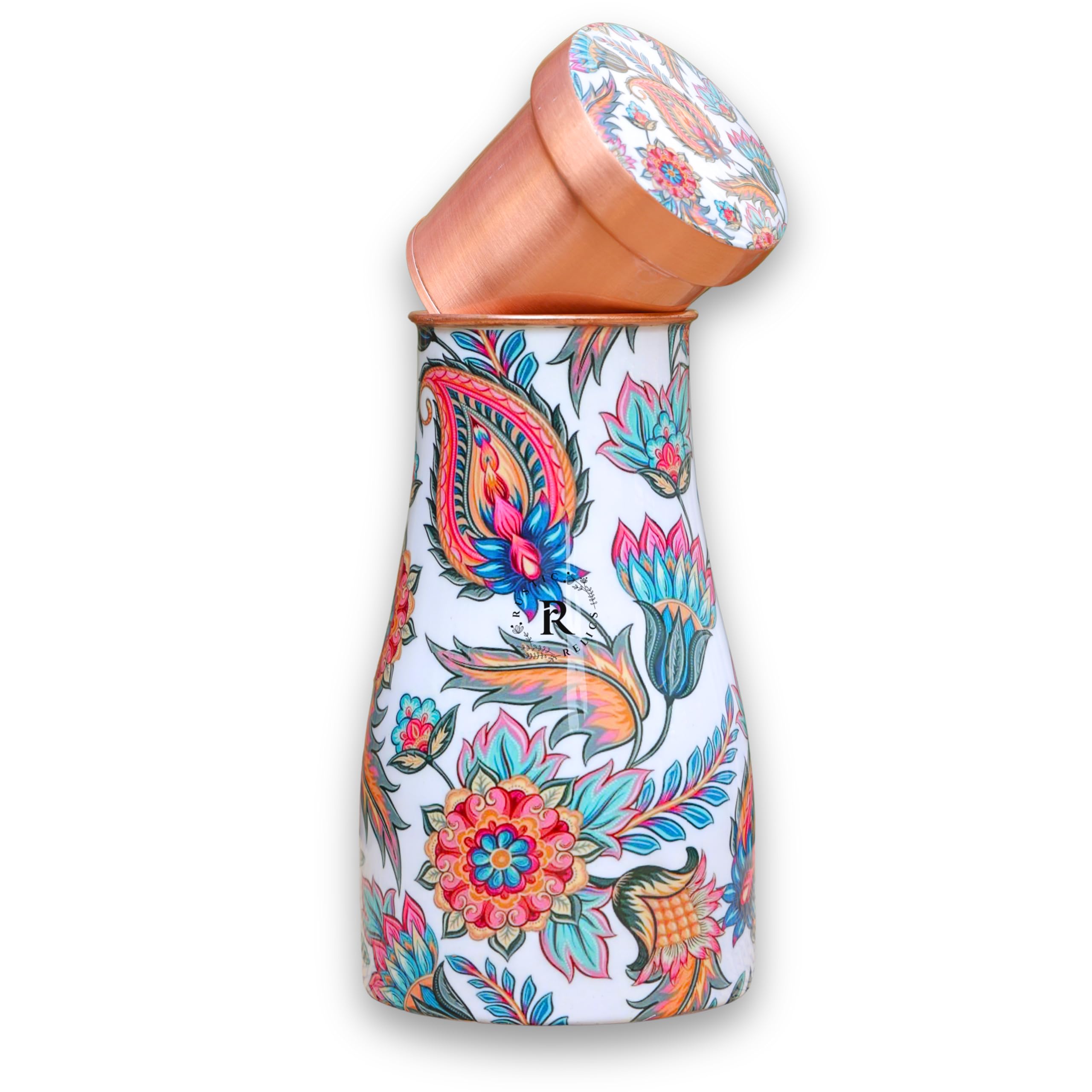 Meena Print Copper Water Bottle Jar - 1L | With Inbuit Glass In Lid | Beautiful And Elegant Meena Print Design | Kitchen And Bedroom Sugar Water Storage Pot