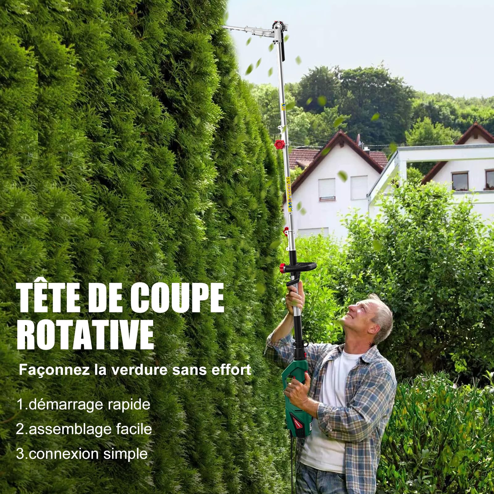 HYCHIKA Taille Haie Télescopique Électrique 900W, Élagueuse sur Perche, Extensible 200-250 cm, Double Interrupteur et Poignée