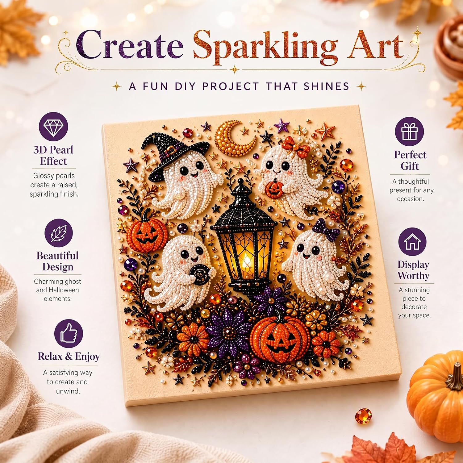 Zqarallax Halloween Pearl Art Kit for Adults, 3D Diamond Art Ghost Craft